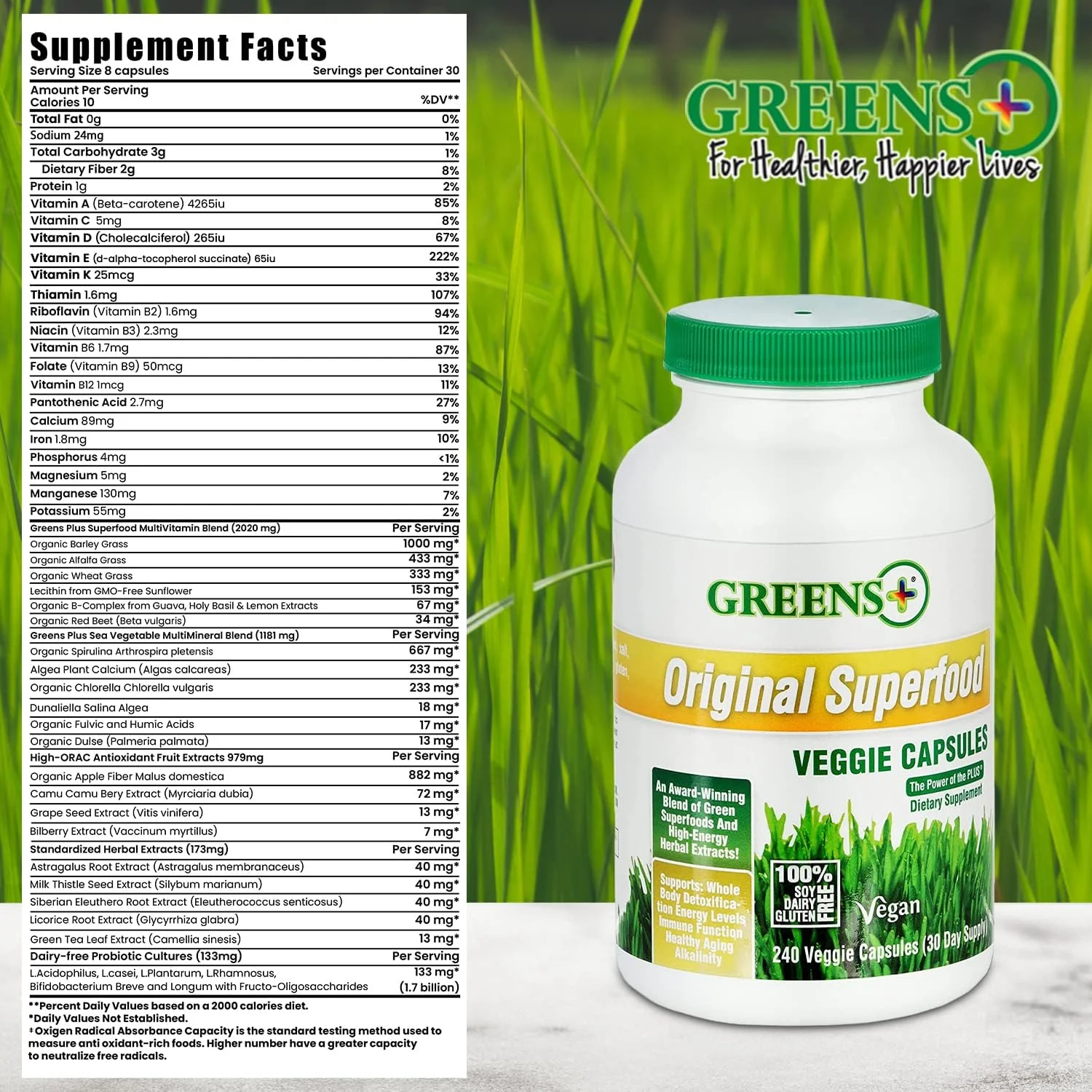 Greens Plus Capsules Superfood - Organic Vegan Veggie Capsules - 240 Count - Greens Supplement