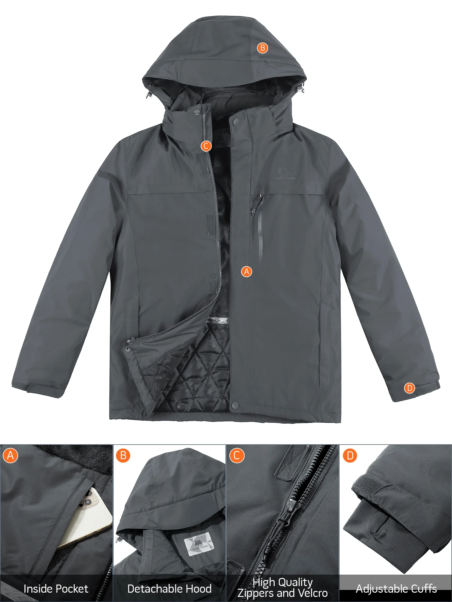 Golden Camel Men's Mountain Snow Waterproof Ski Jacket Windproof Fleece Winter Coat