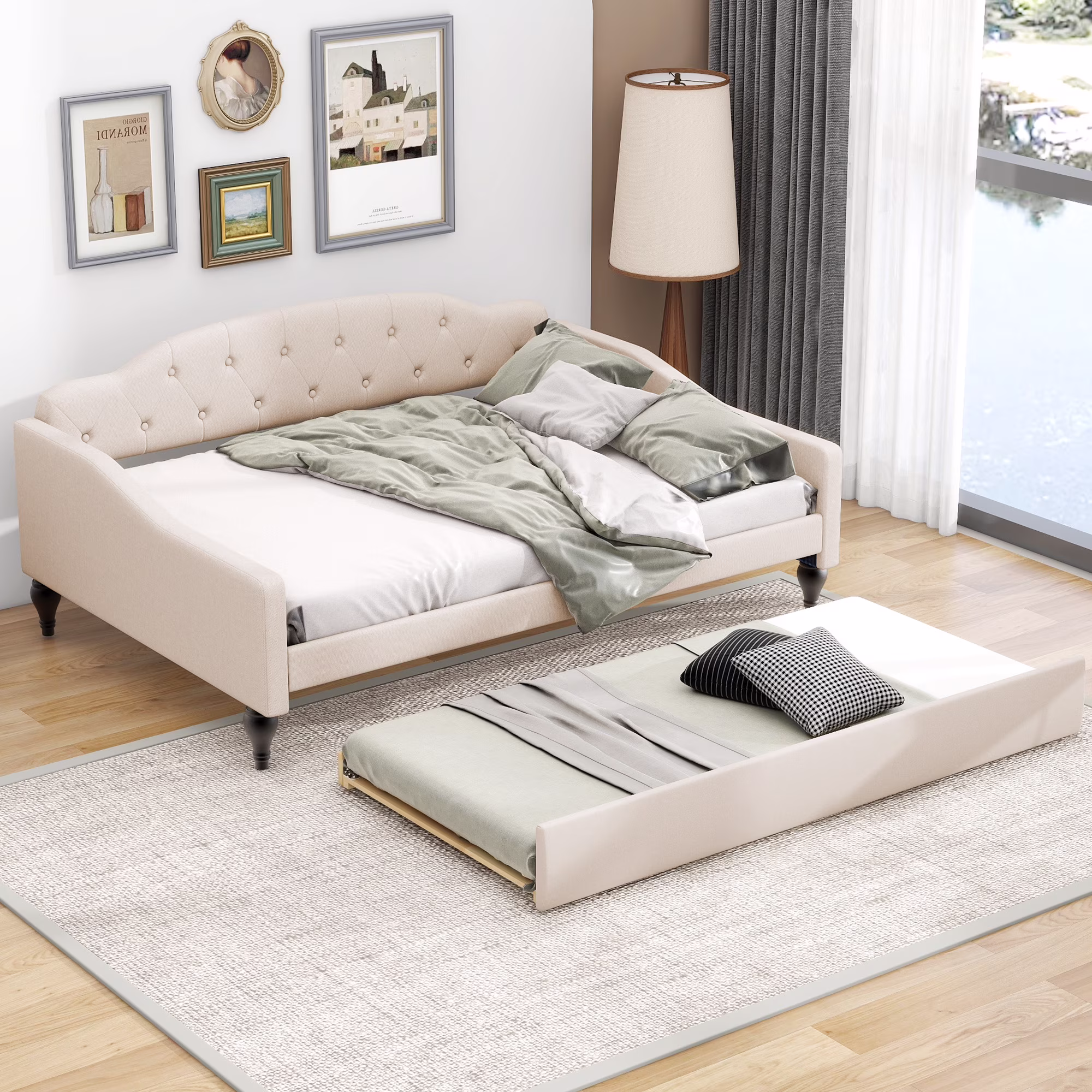 CoSoTower Full Size Upholstered Tufted Daybed with Twin Size Trundle, Beige