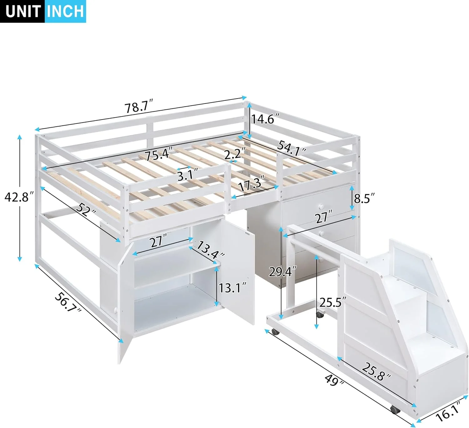 Full Size Lof Bed Wih Cabies Ad Drawers, Movable Saircase Wih Clohes Hagig Bar, Muli-Fucioal Solid Wood Bed Frame, Whie