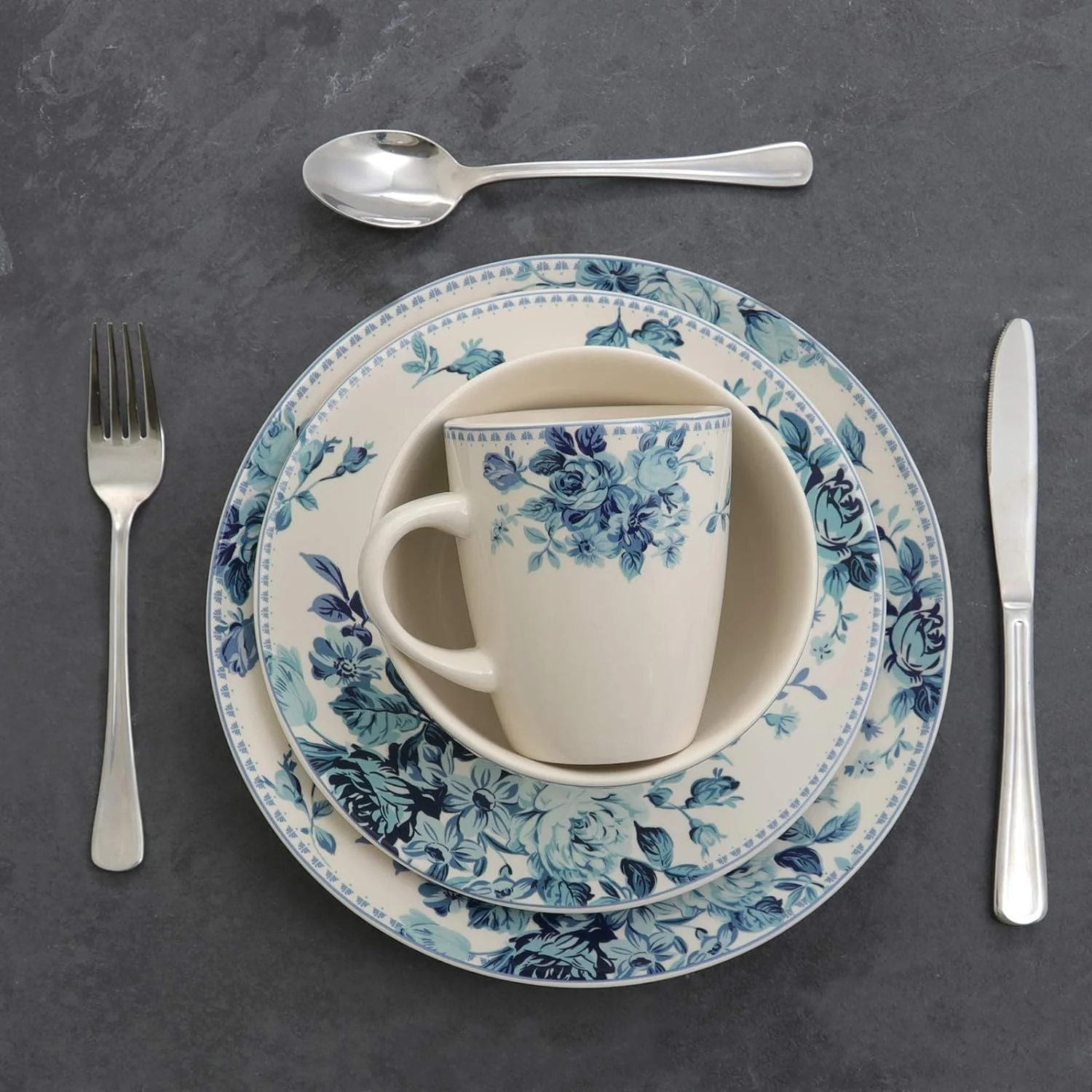 16 Piece Traditional Rose Dinnerware Set, Blue