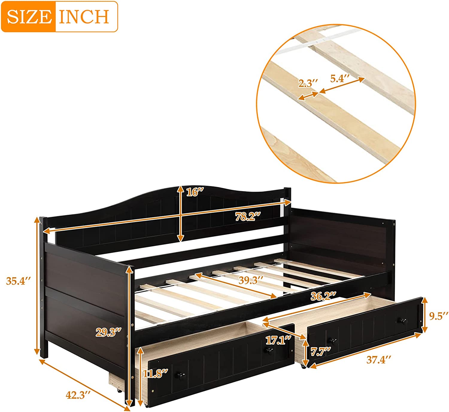 Daybed With Storage Drawers Wood Day Bed Frame For Living Room Bedroom Dual-Use Sofa Beds For Kids Guests Sleepovers, Espresso