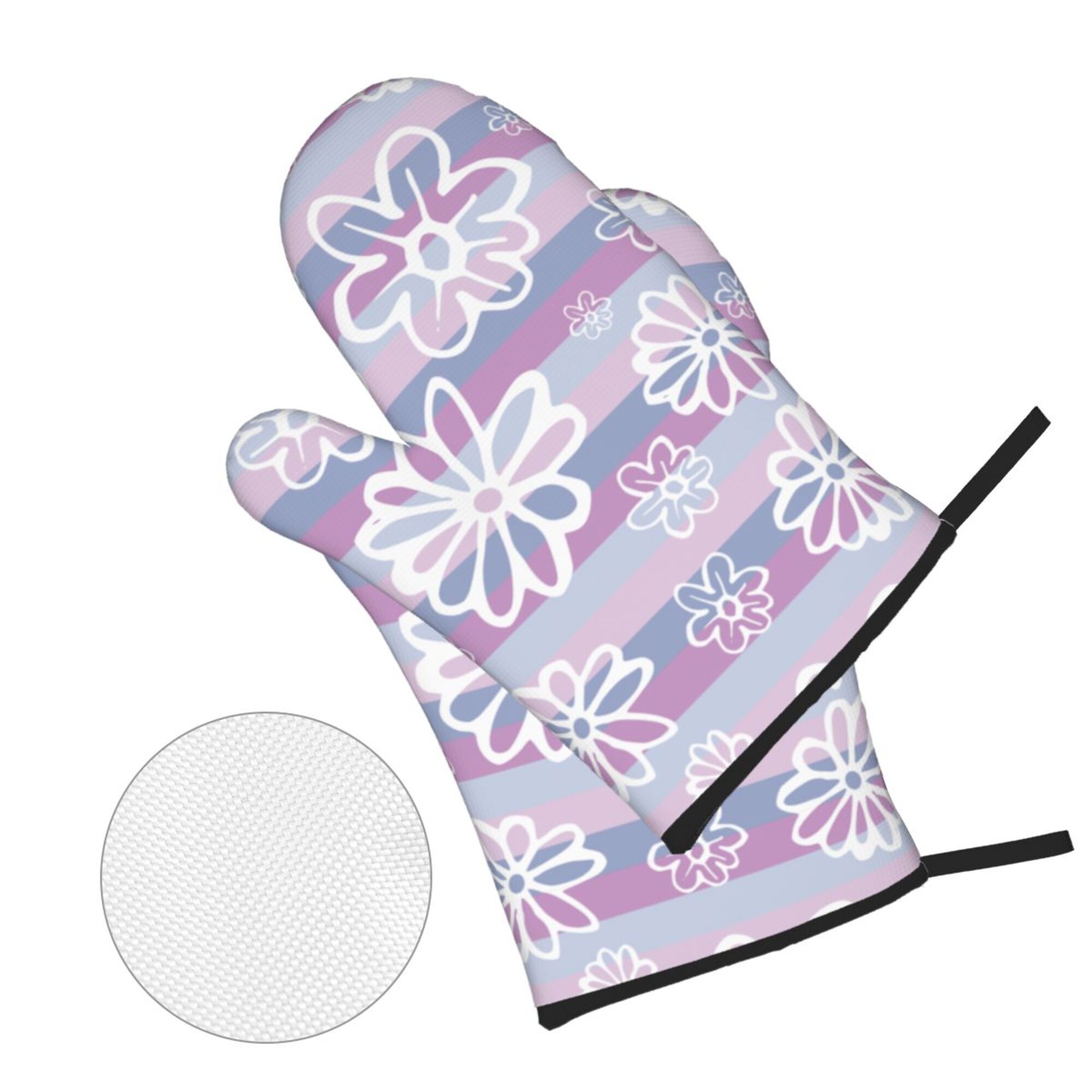 Purple Striped Flowers Oven Mitts and Pot Holders Sets Baking Sets for Kitchen BBQ Gloves Heat Resistant Cooking Line Art 4 Pieces