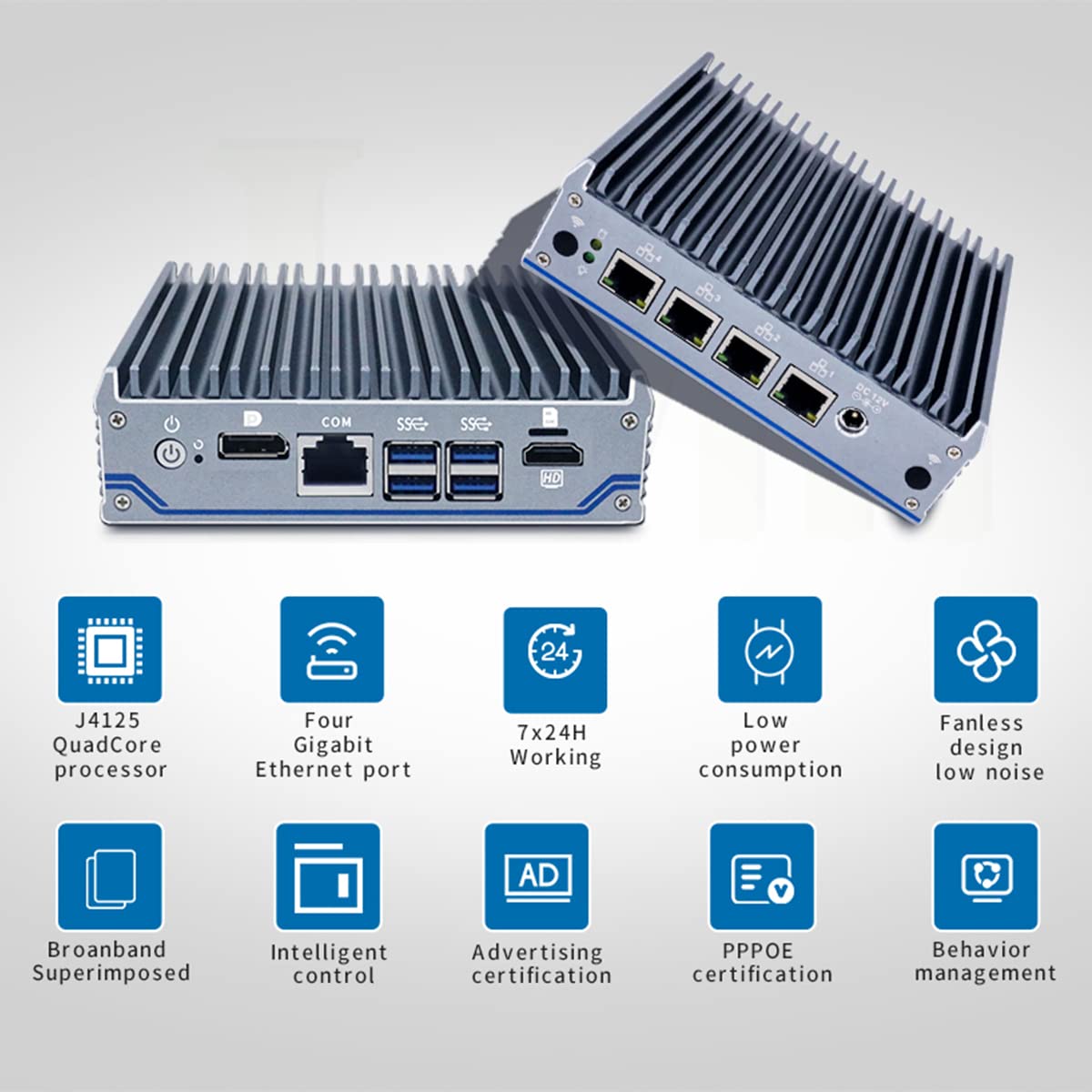Fanless Soft Router, Micro Firewall Appliance, VPN, Router PC, Intel Celeron J4125, 4 x Intel i211-AT LAN, AES-NI, DP, HD, COM, 4 x USB3.0, SIM Slot, 4GB Ram 64GB SSD