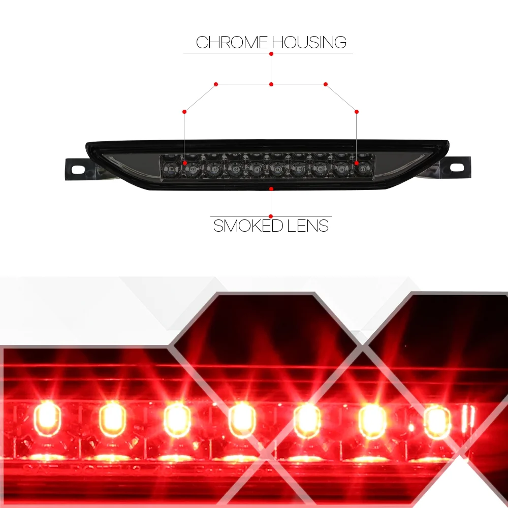 For 2007-2017 Dodge Caliber Durango Jeep Compass Grand Cherokee Rear LED 3rd Third Brake Light Tail Stop Lamp Chrome Housing Smoked Lens 14 15 16