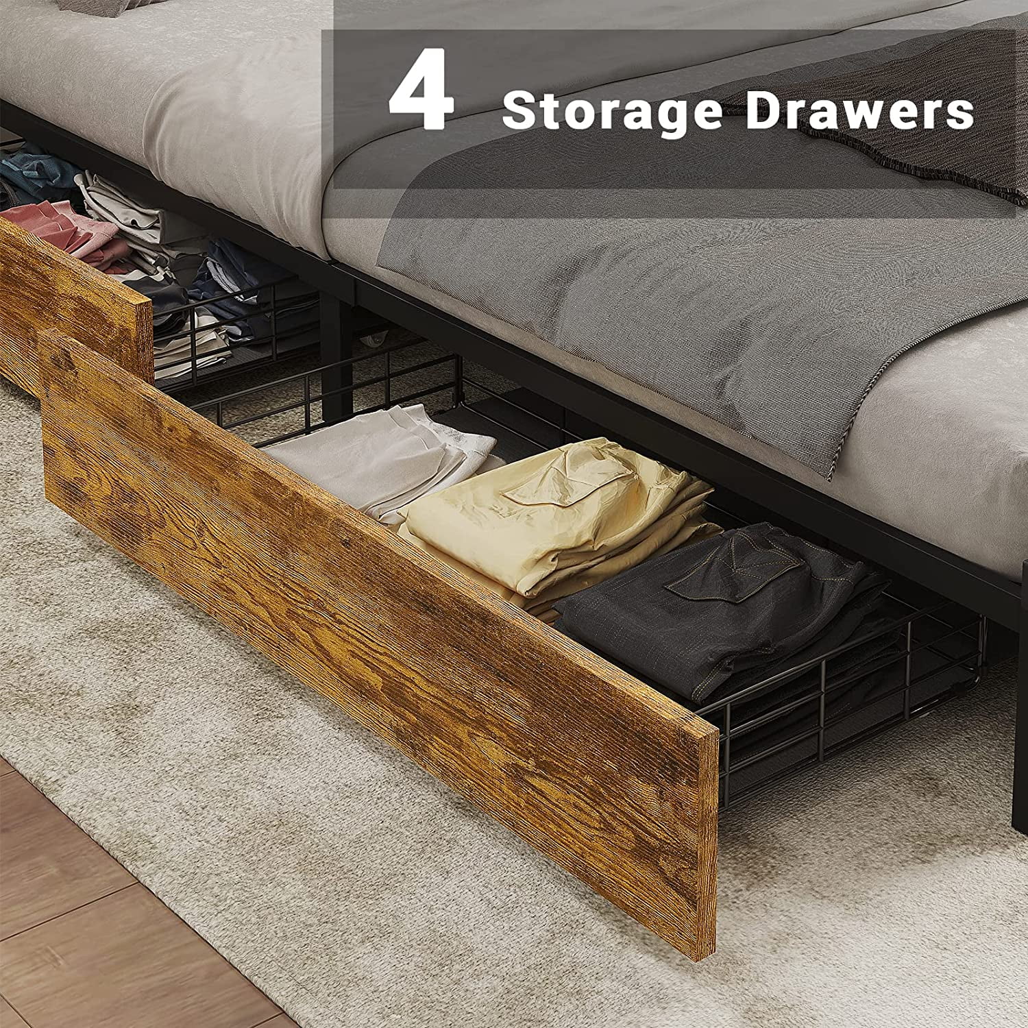 Full Size Metal Bed Frame with 4 Storage Drawers, LED Platform Bed with Outlets and USB Ports, No Box Spring Needed, Vintage Brown