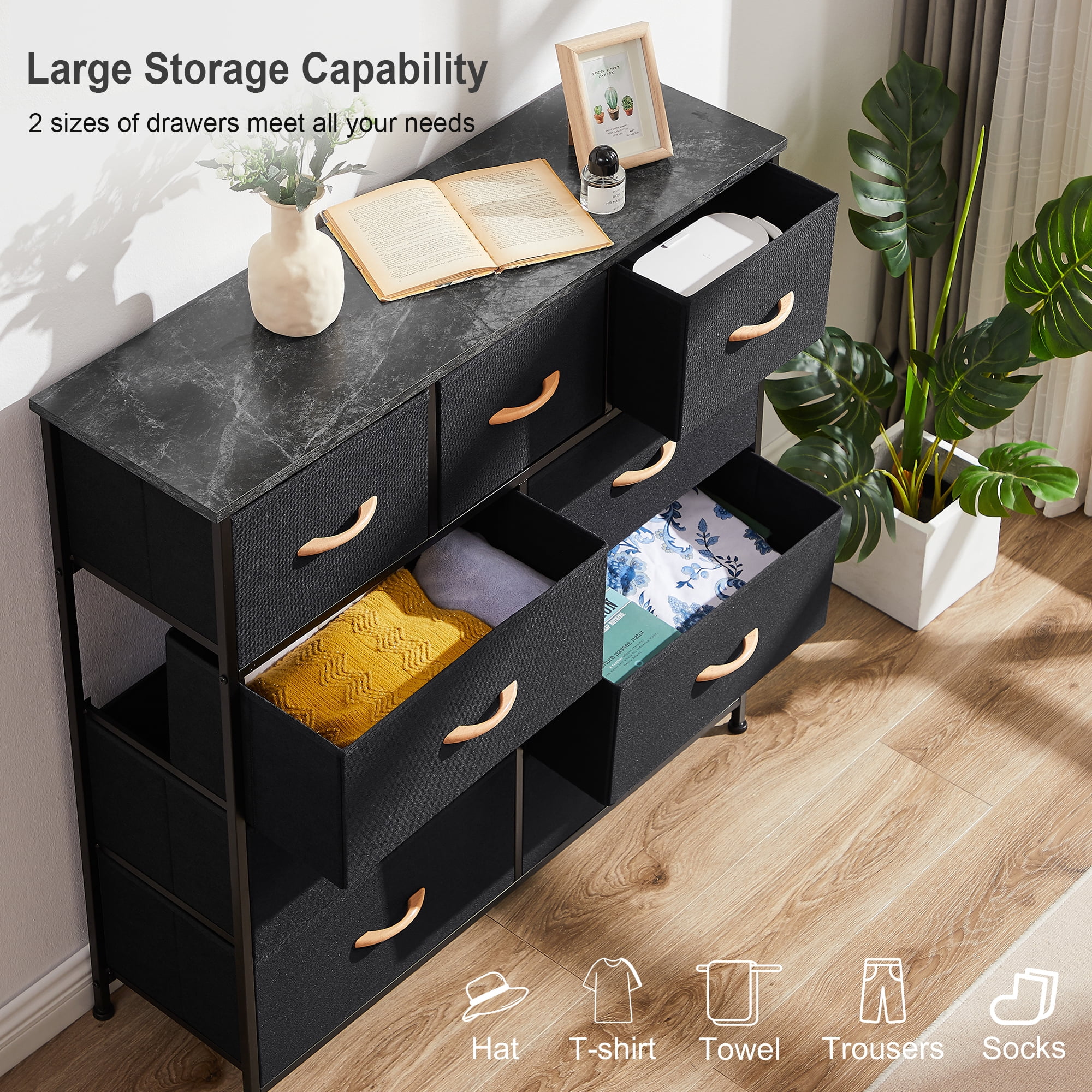 Bigroof Fabric Dresser for Bedroom, Storage Drawer Unit,Dresser with 9 Deep Drawers for Office, College Dorm, Charcoal Black