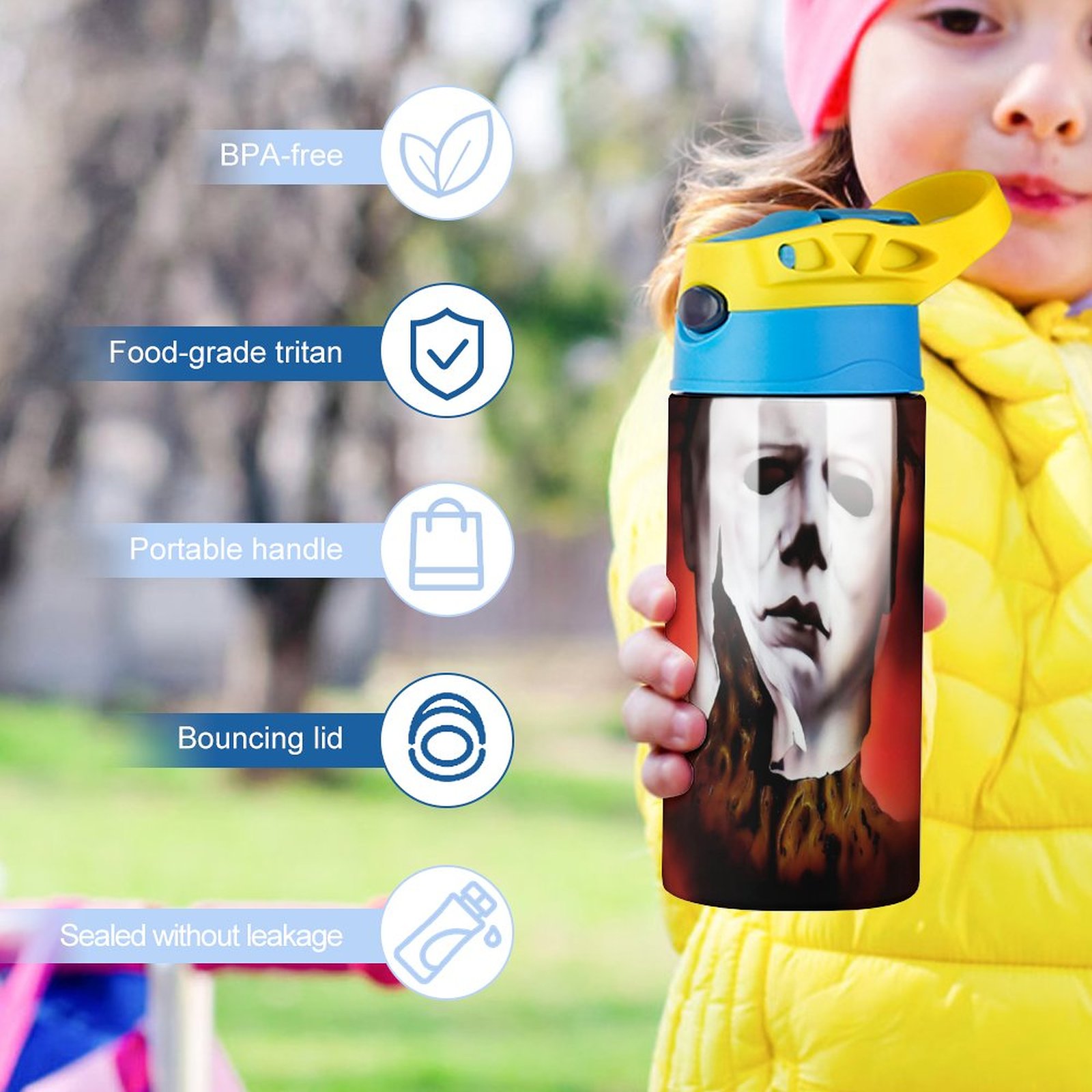 Face Michael Myers Kid's Insulated Water Bottle With Straw Vacuum Stainless Steel Cup Leak-Proof Children Toddler Thermoses