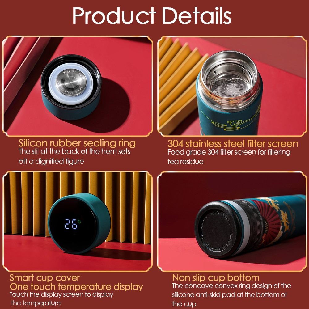 Creative Temperature measurement Vacuum Flasks Miniature Water Bottle Premium Travel  Mug Chinese Style Intelligent Temperature Display Thermos cup BLUE