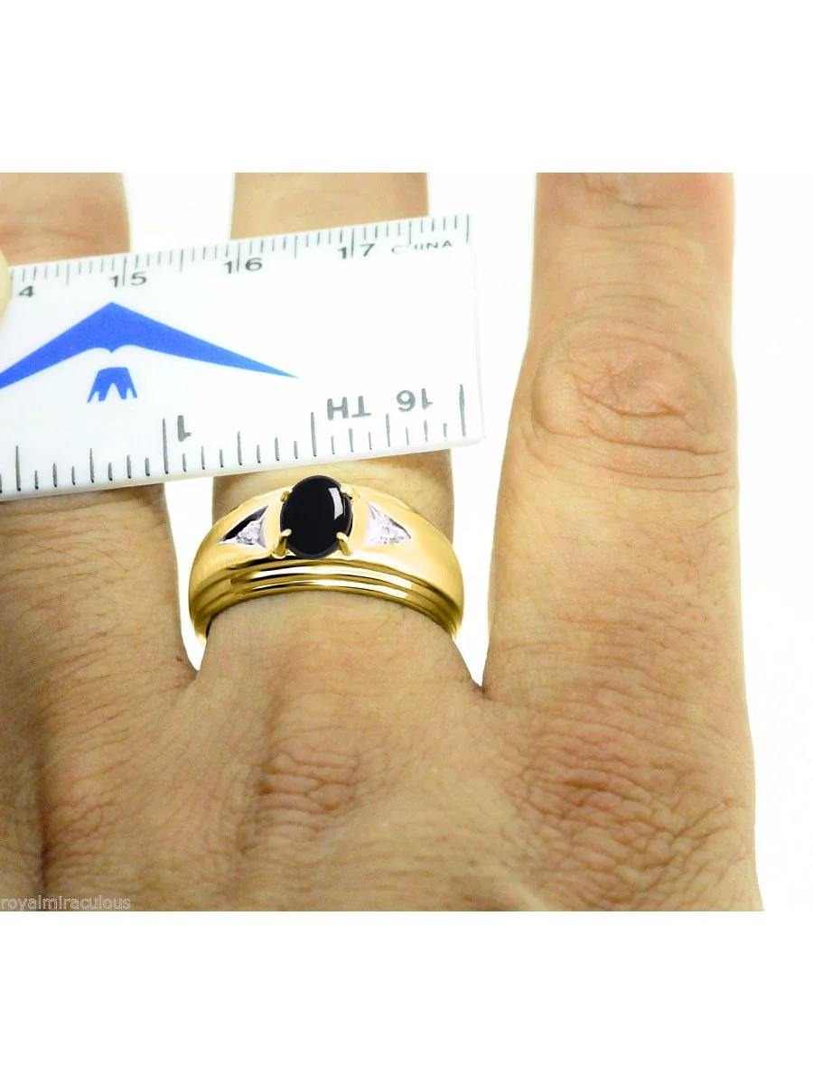 *RYLOS Classic  Beautiful Onyx & Diamond Ring - October Birthstone*; 14K Yellow Gold-plated-silver
