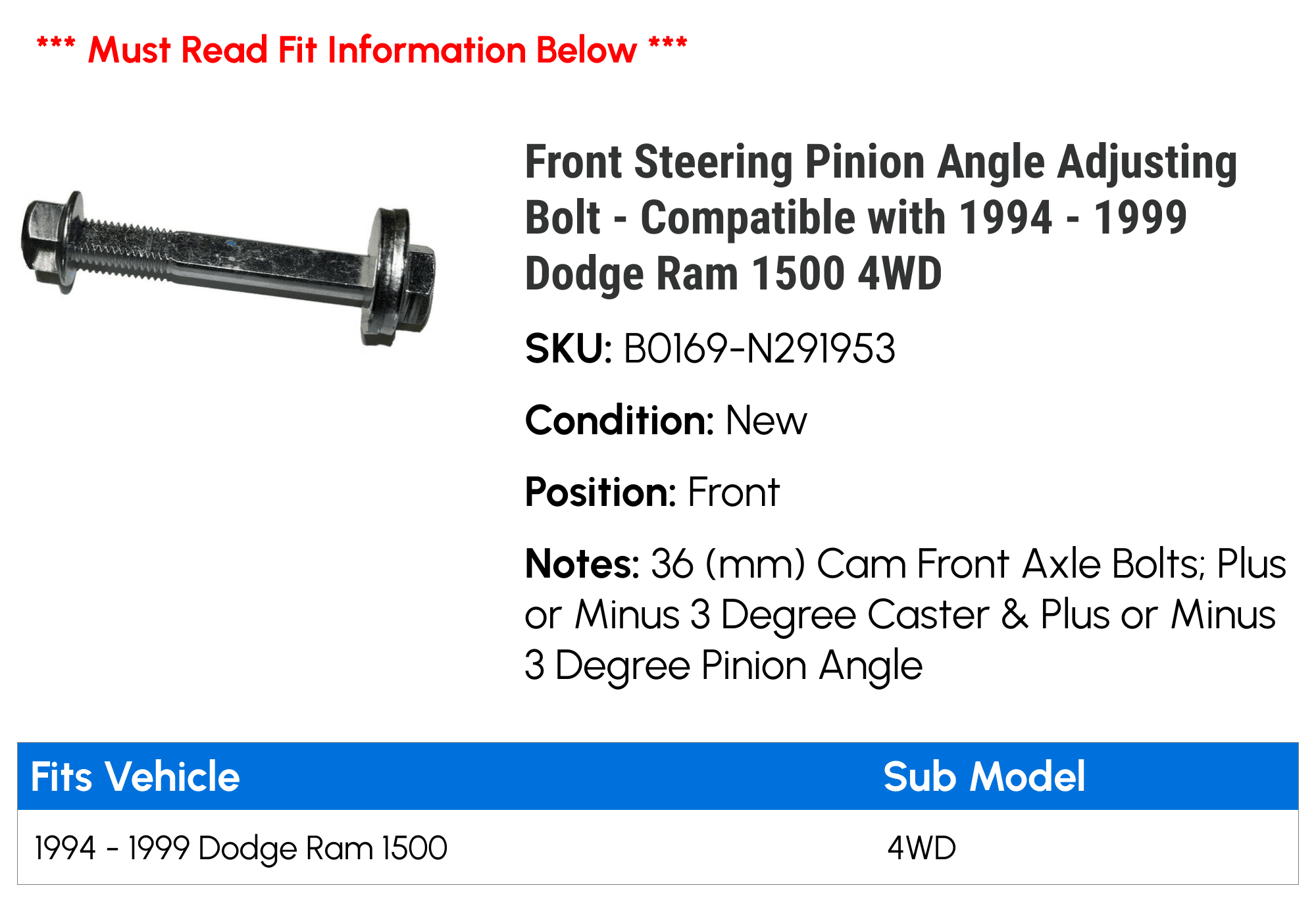 Front Steering Pinion Angle Adjusting Bolt - Compatible with 1994 - 1999 Dodge Ram 1500 4WD 1995 1996 1997 1998