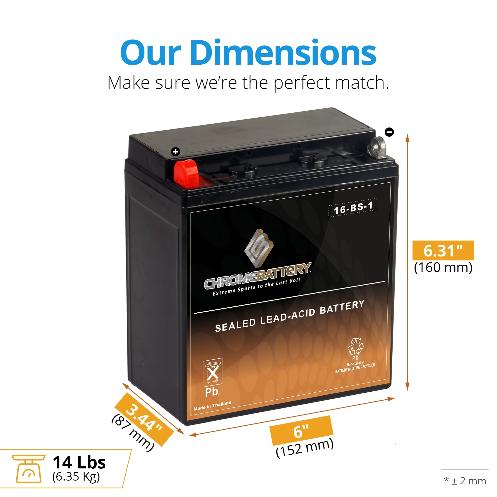 Chrome Battery Ytx16-bs-1 (16-bs-1 12 Volts,14 Ah, 165 Cca) Motorcycle Battery for Suzuki 1500cc Vl1500 Intruder C90 T 2001
