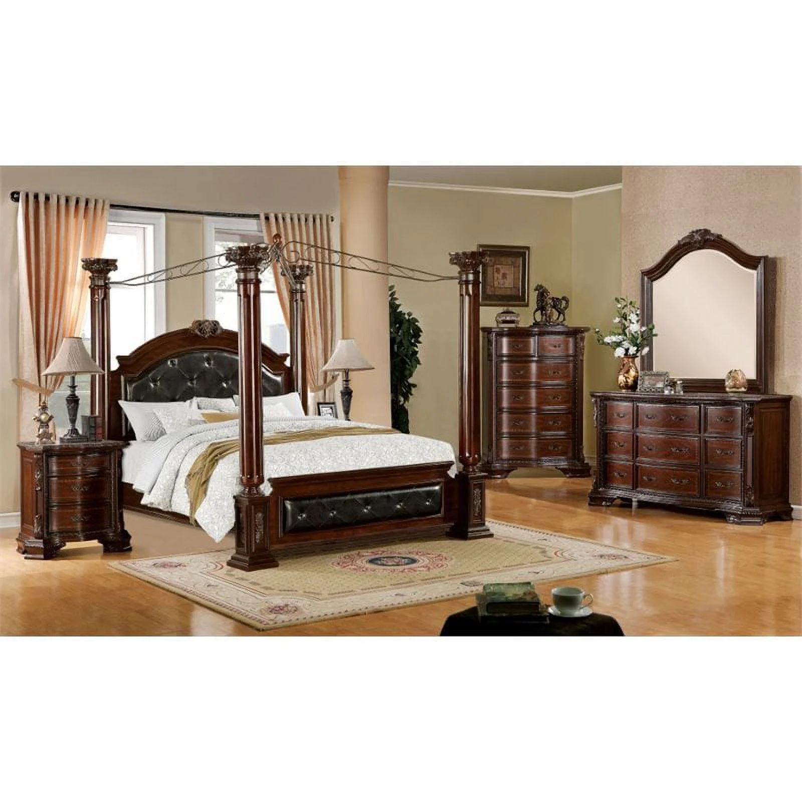 FOA Eckel 4pc Brown Cherry Wood Bedroom Set - King+Nightstand+Dresser+Mirror