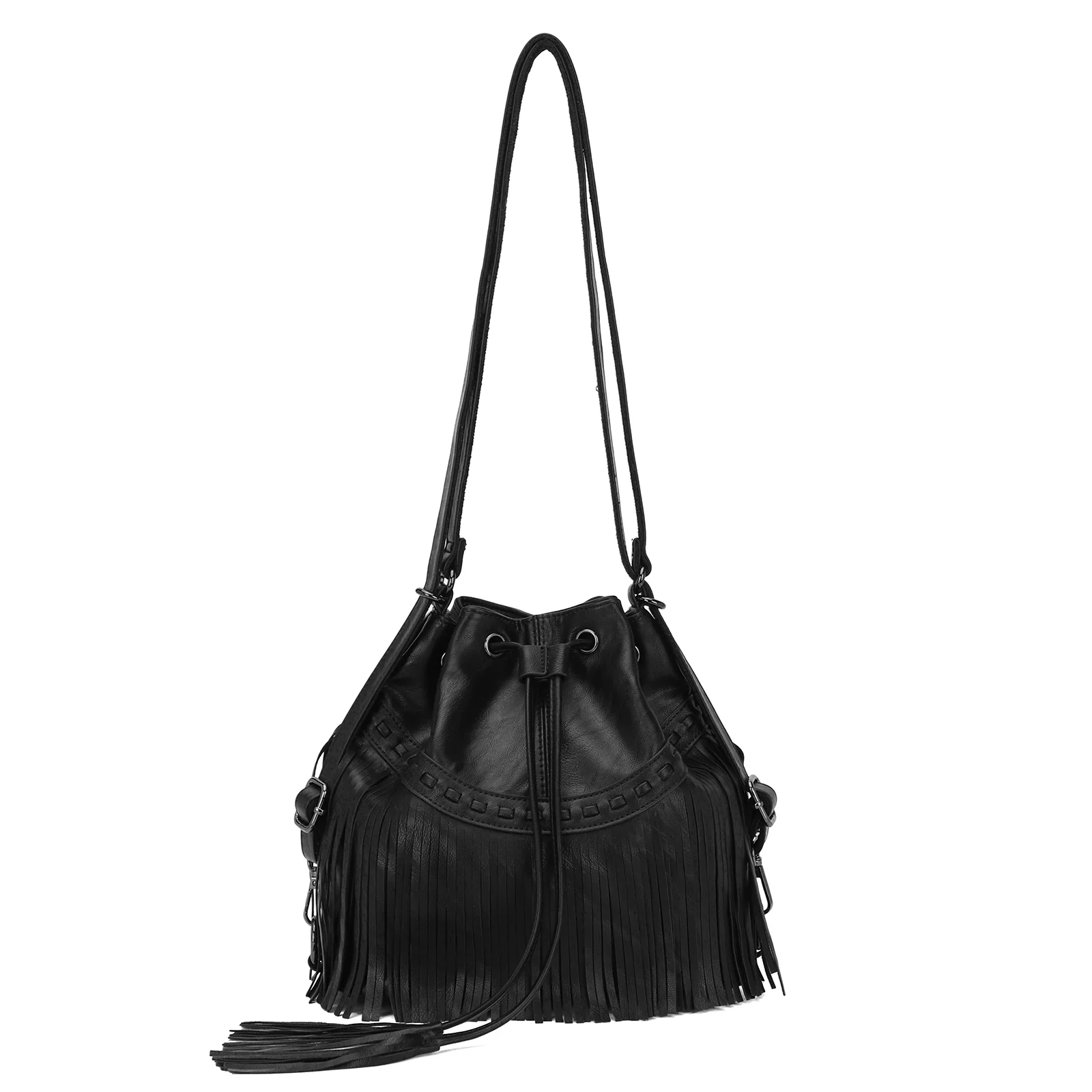 KL928 Women Backpack Purse Fringed Tassel Shoulder Bag with Drawstring Black