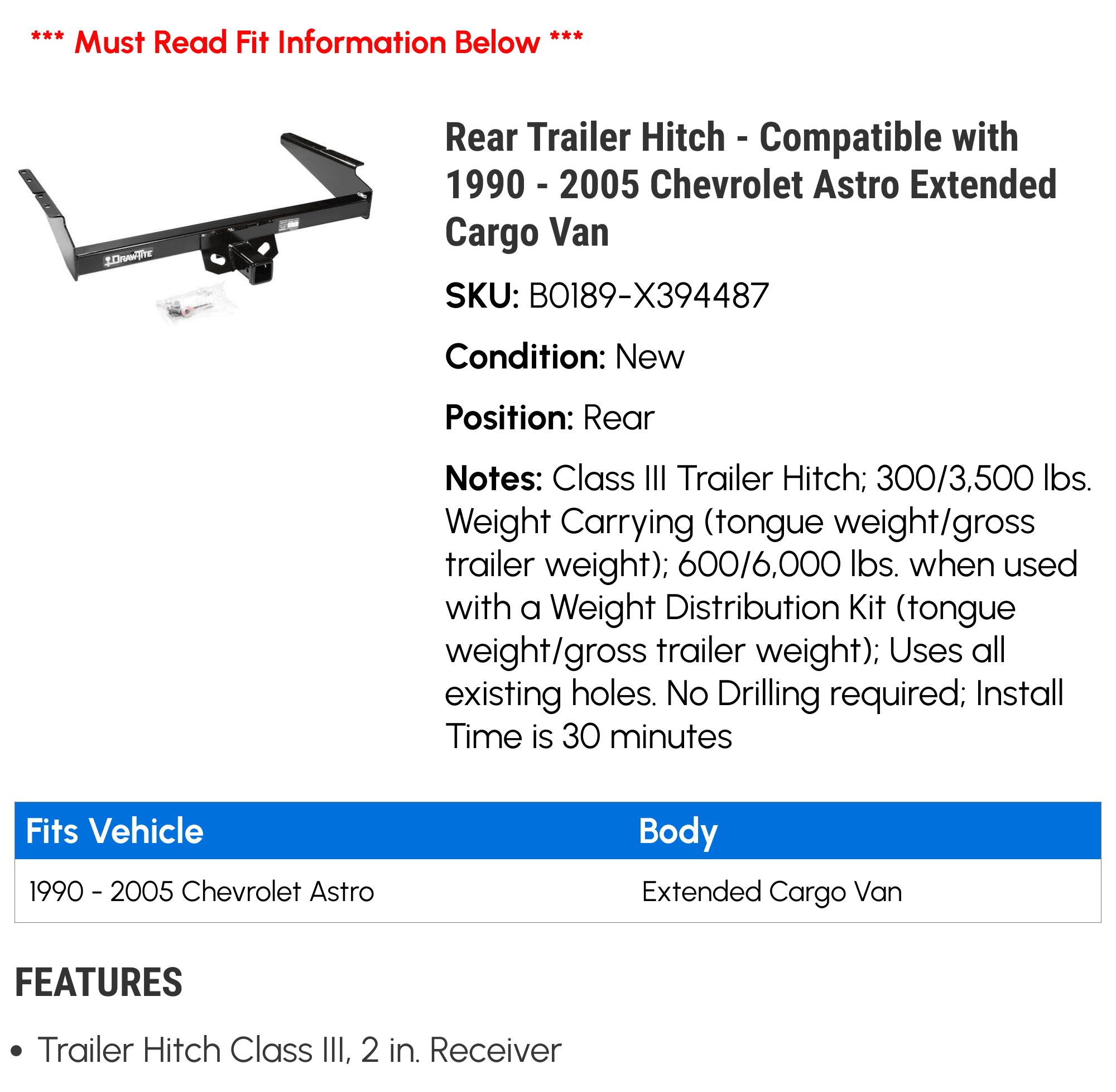 Rear Trailer Hitch - Compatible with 1990 - 2005 Chevy Astro Extended Cargo Van 1991 1992 1993 1994 1995 1996 1997 1998 1999 2000 2001 2002 2003 2004