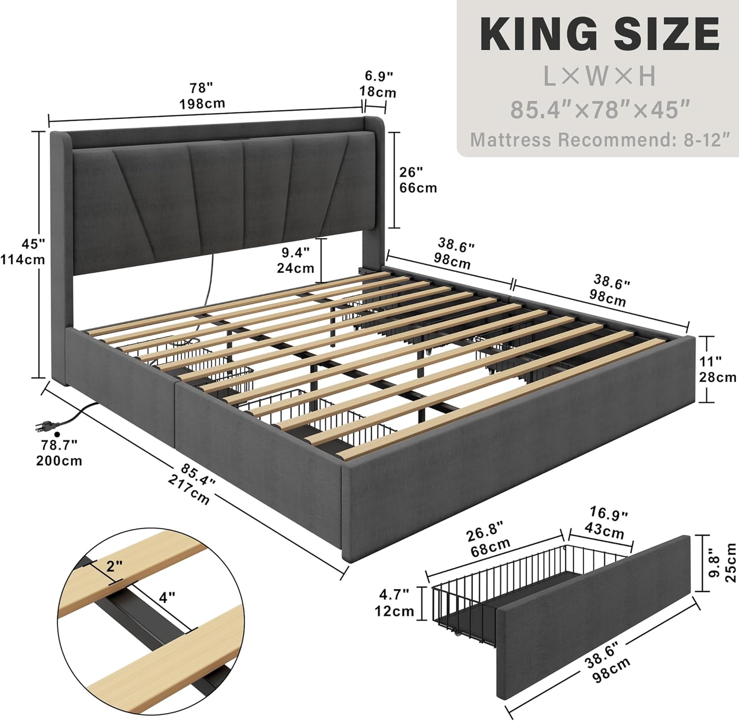 WAGEE King Bed Frame and Upholstered Headboard, Platform Bed with Storage Drawers and Outlets, Sturdy, Noiseless, No Box Spring Needed, Easy Assembly