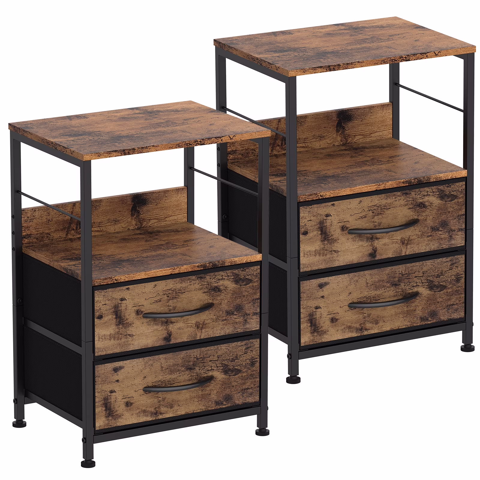Nightstand for Bedroom End Side Table with 2 Drawers and Open Shelf Wood, Brown Set of 2