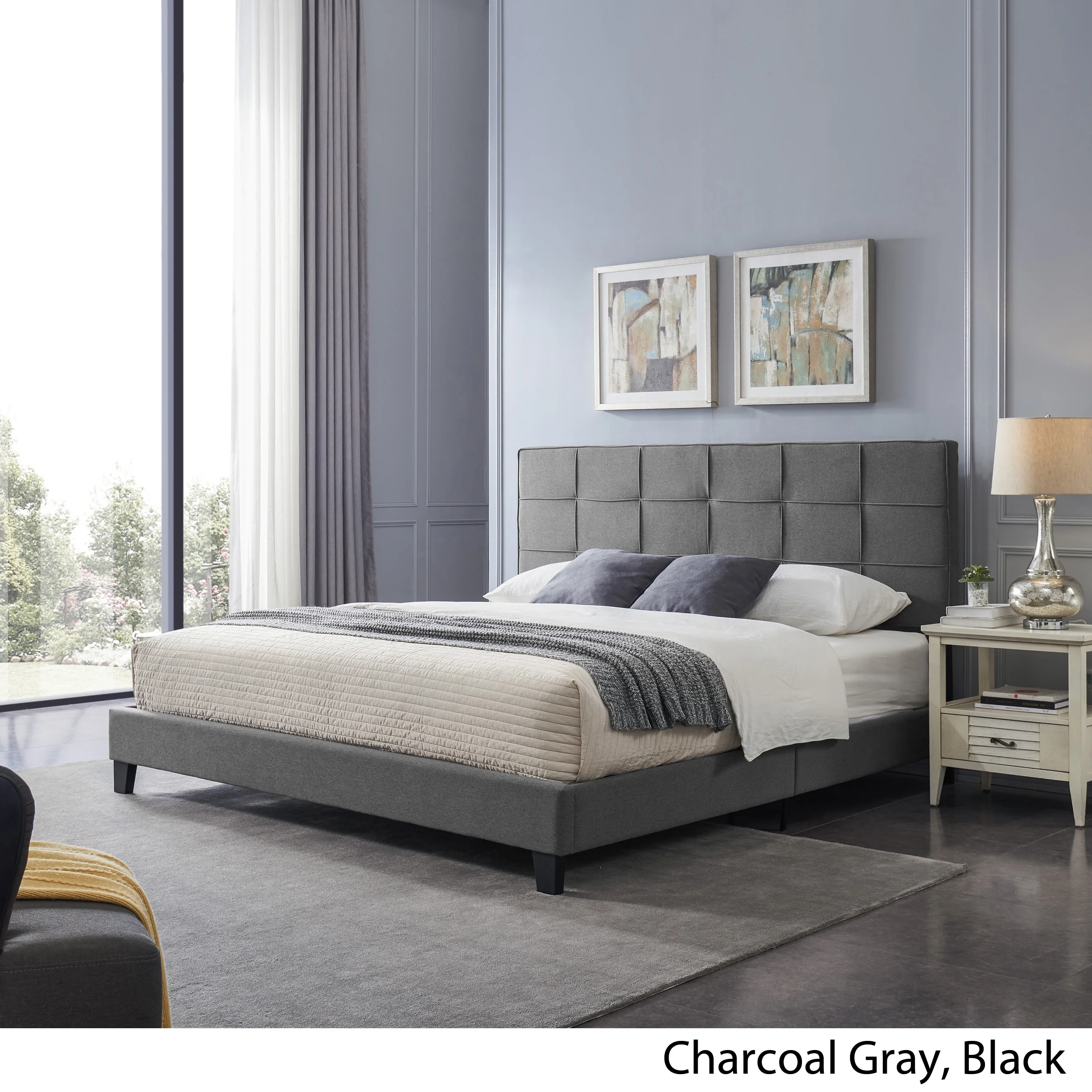 Salome Contemporary Upholstered King Bed Platform, Charcoal Gray and Black