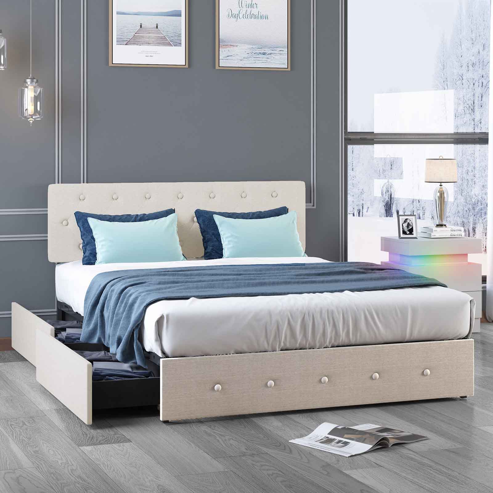 CECER Queen Size Bed Frame, Bed Frame with 4 Built-in Storage Drawers & Adjustable Headboard, Button Tufted Design- Beige