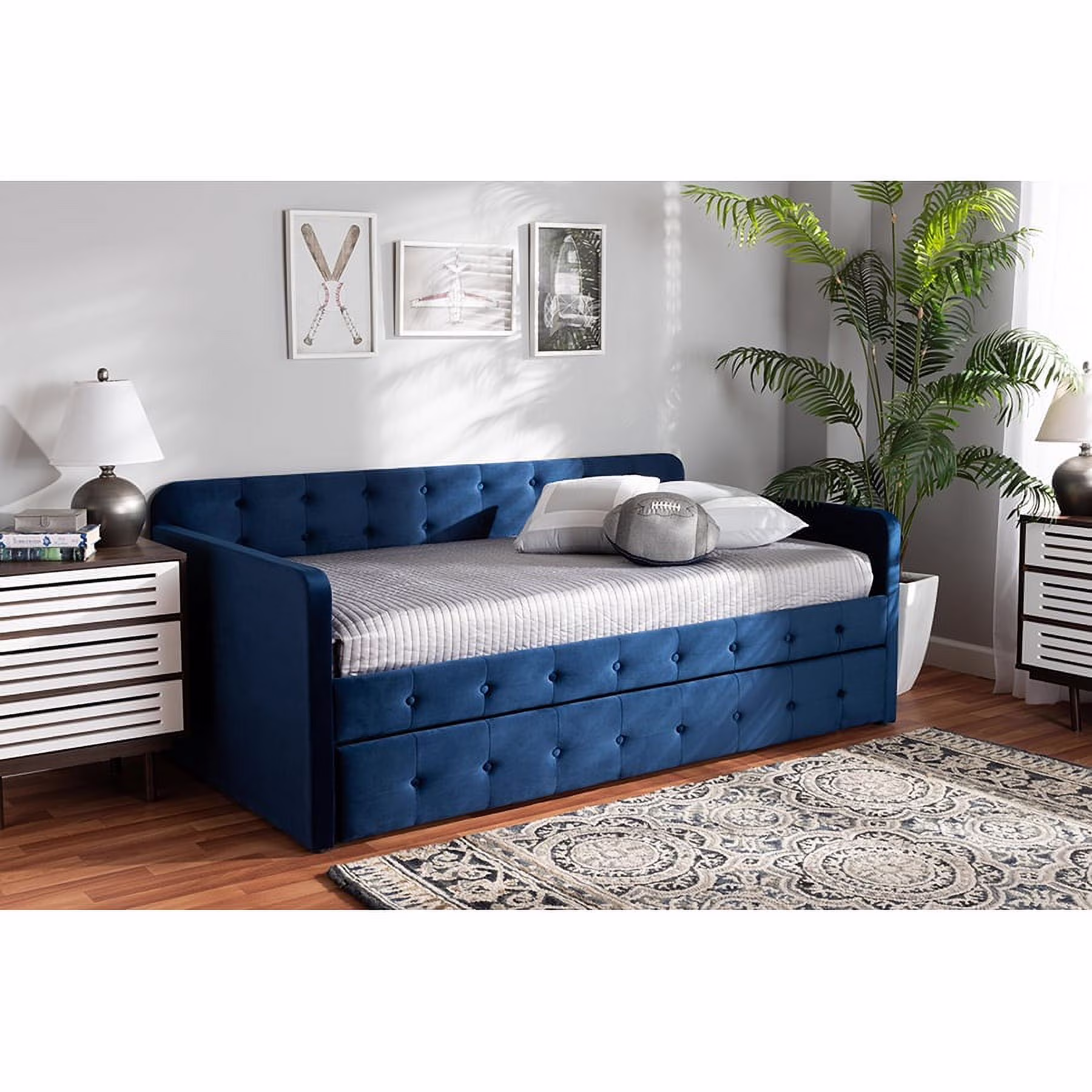 Baxton Studio Jona Modern and Contemporary Transitional Navy Blue Velvet Fabric Upholstered and Button Tufted Twin Size