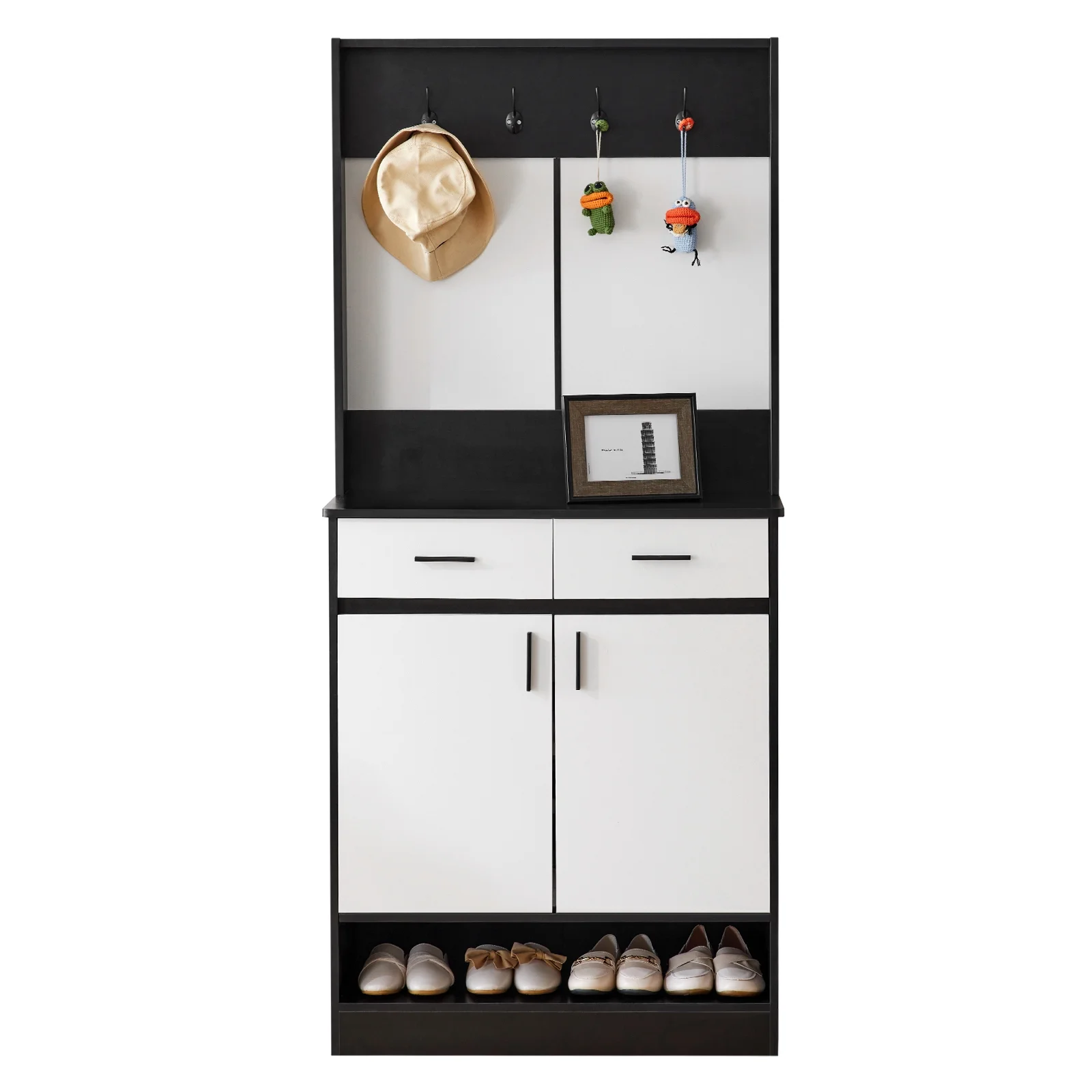 Hall Tree With Shoe Storage Cabinet, Double Door Coat Rack Clothes Shelves, Wardrobe Armoire Closet With 4 Hooks And 2 Drawer For Entryway Hallway, Black & White