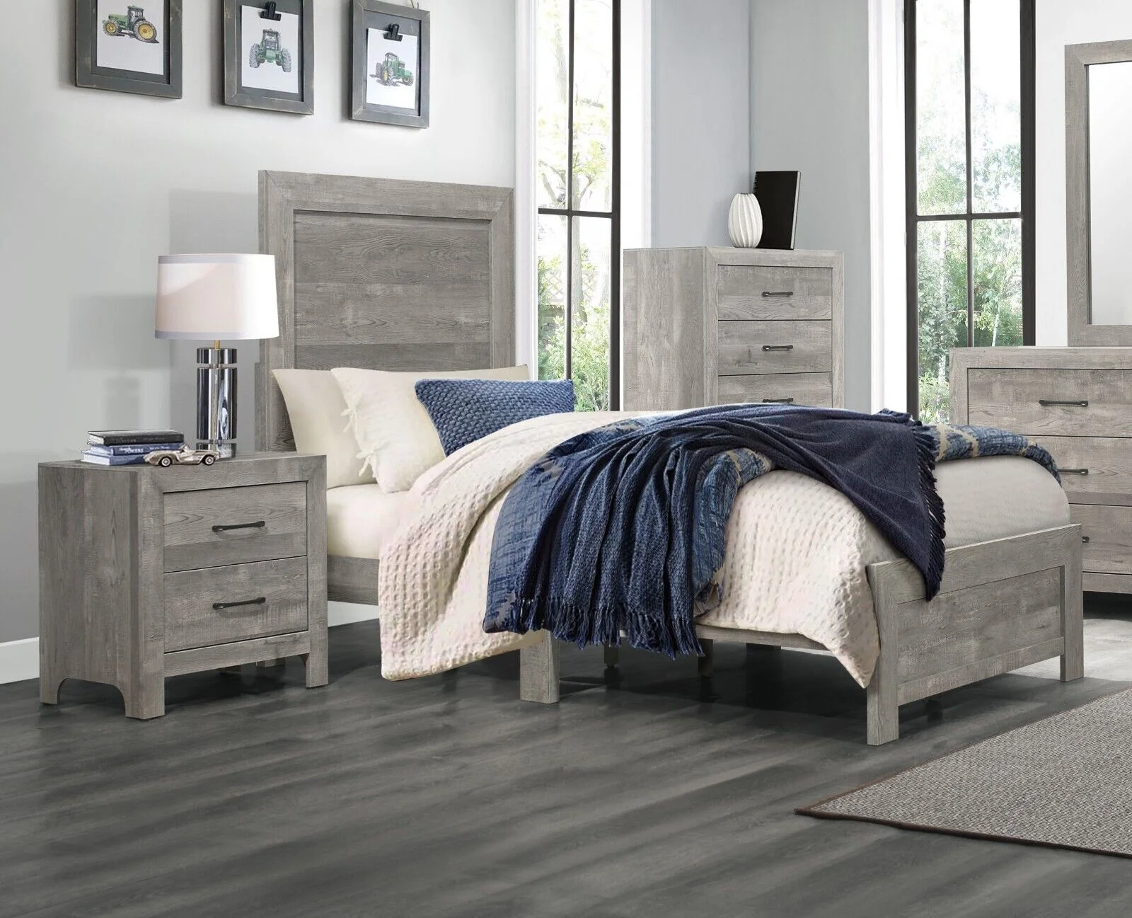 Modern Rustic Style Gray Finish Twin Size Bed and 2x Nightstands Bedroom Furniture 3pc Set