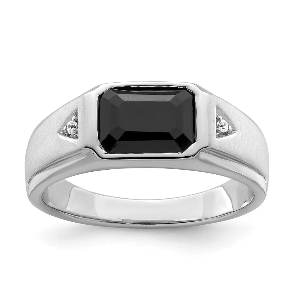 Auriga 14K White Gold Polished and Satin Onyx and Diamond Mens Ring for Mens Size 10 (0.02ct, Clarity- I2)