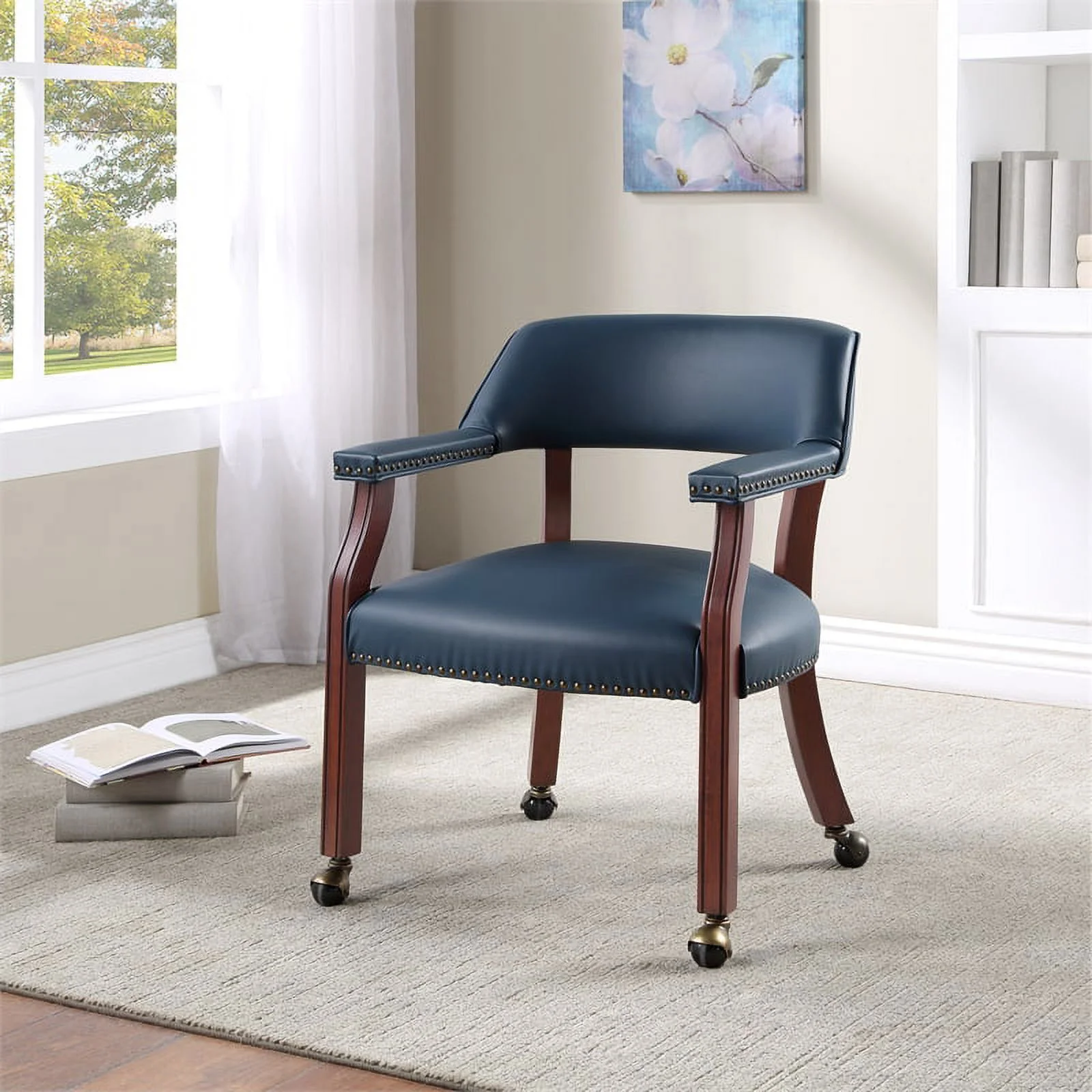 Home Square Faux Leather Caster Game Chair in Navy Blue Finish - Set of 4