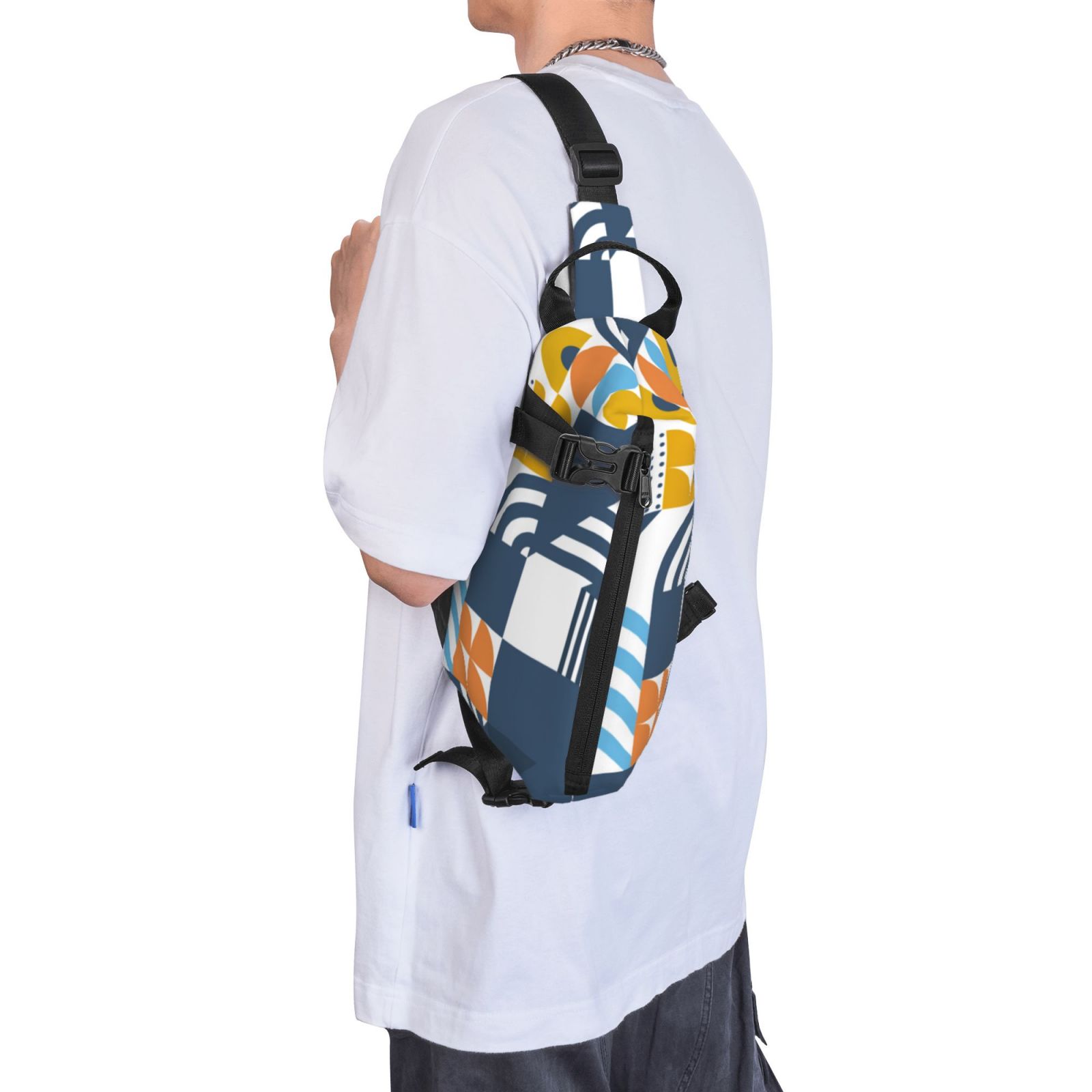 ZNDUO Small Sling Crossbody Backpack, Blue Modern Geometric Art Pattern Lightweight One Strap Sling Bag Backpack for Hiking Walking Biking Travel Cycling