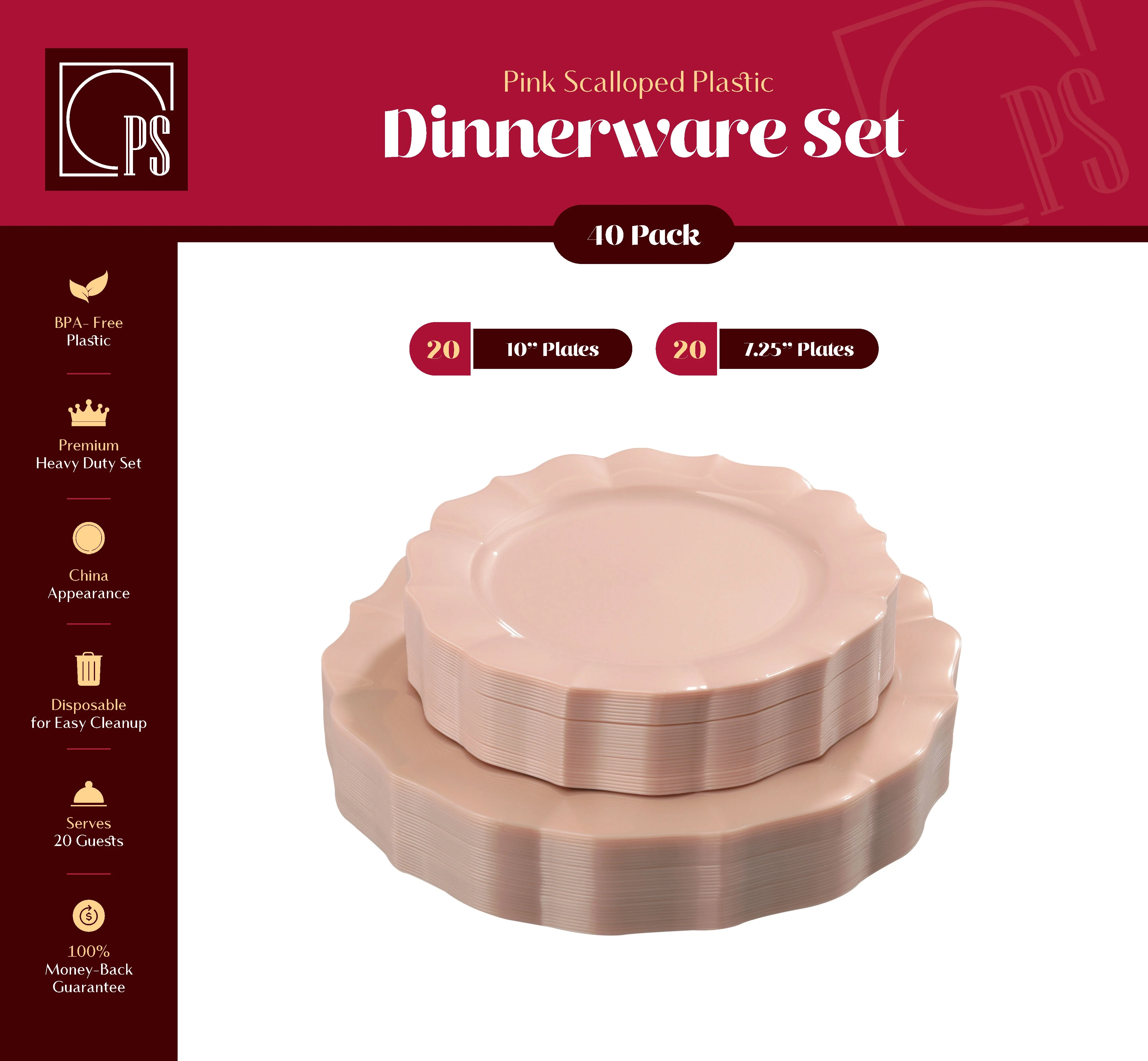 Pink Plastic Plates, Scalloped Rim Pearl Pink Disposable Party Plates, 20 10 inch Dinner Plates, 20 7.5 inch Salad/Dessert Plates - Posh Setting