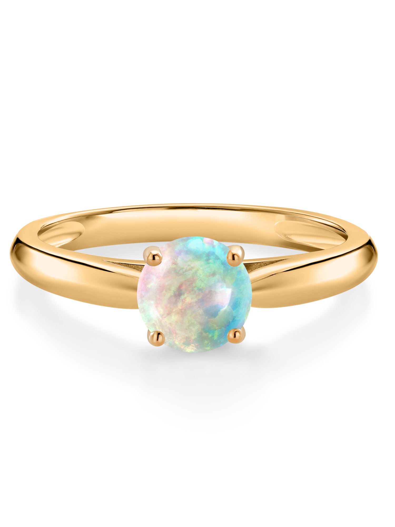 Gem Stone King 1.00 Ct Round Cabochon White Simulated Opal 10K Yellow Gold Solitaire Engagement Ring