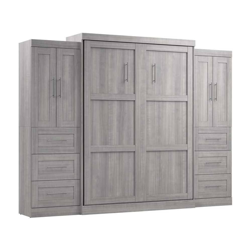 Bestar Pur Queen Murphy Bed with Closet Storage Cabinets (115W) in Platinum Gray