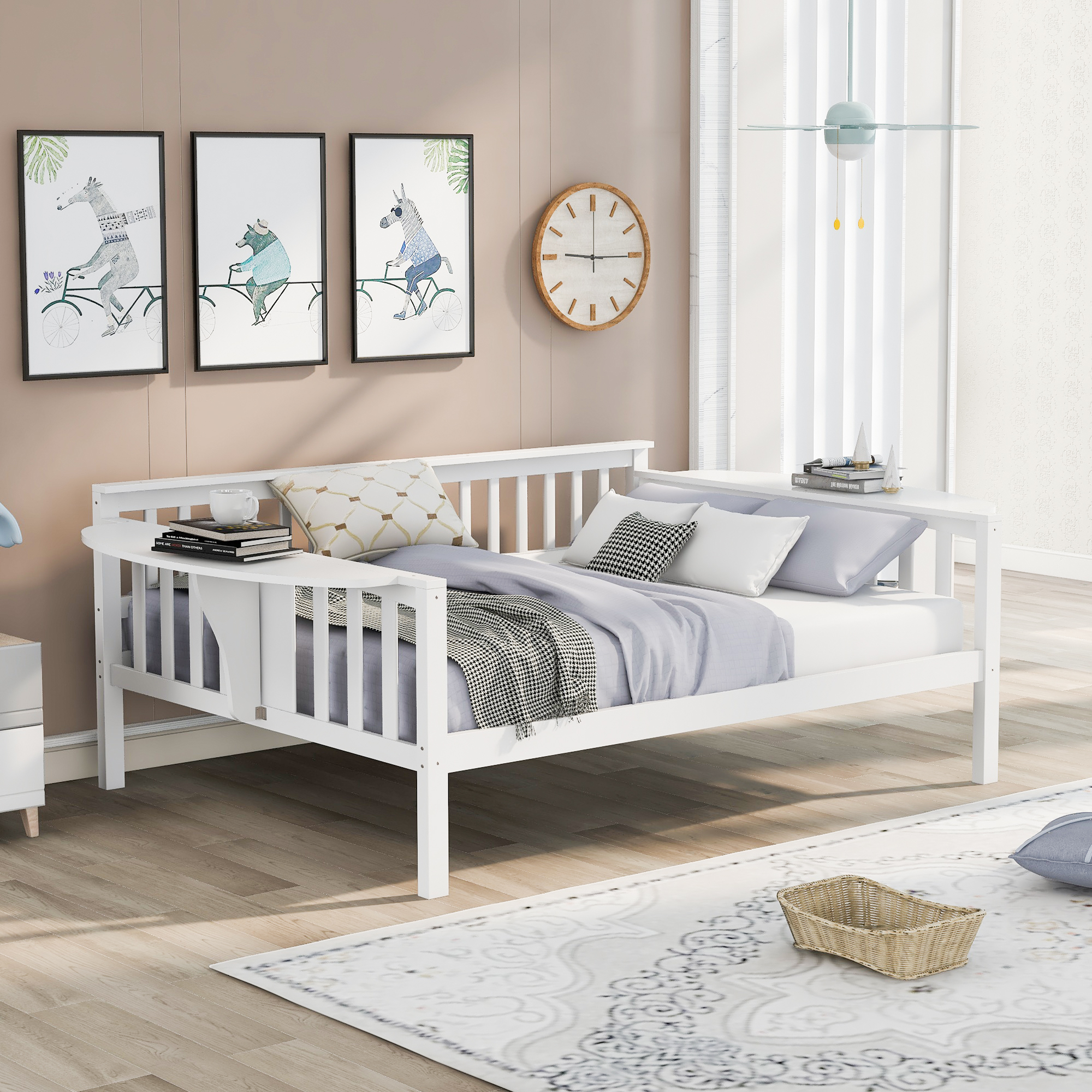Wooden Platform Bed Frame Full Size Sofa Bed Easy to Assemble Wooden Slat Support with Small Folding Table for Kids Girls Boys (White)