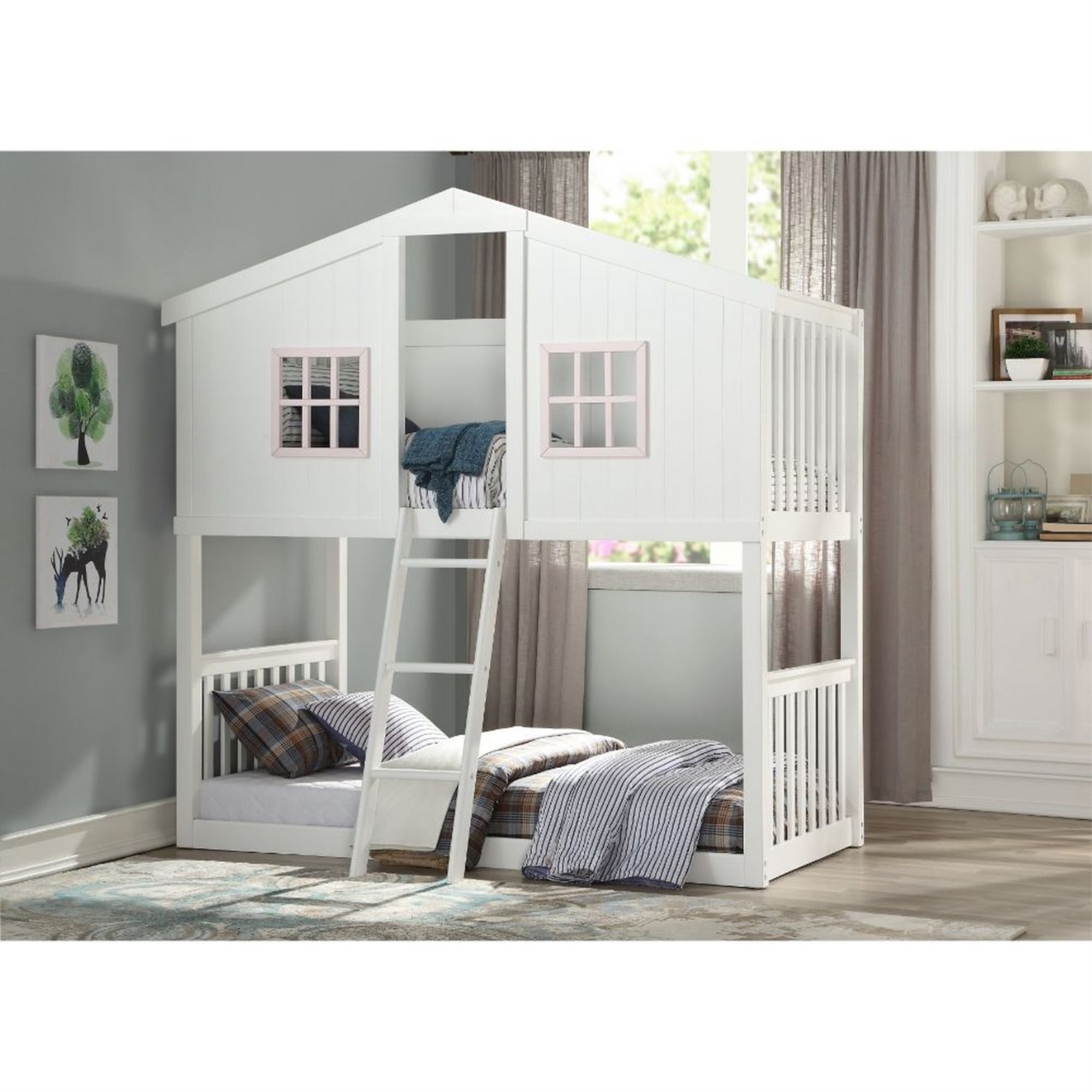 Benjara Twin Over Twin Bunk Bed with House Shape, White