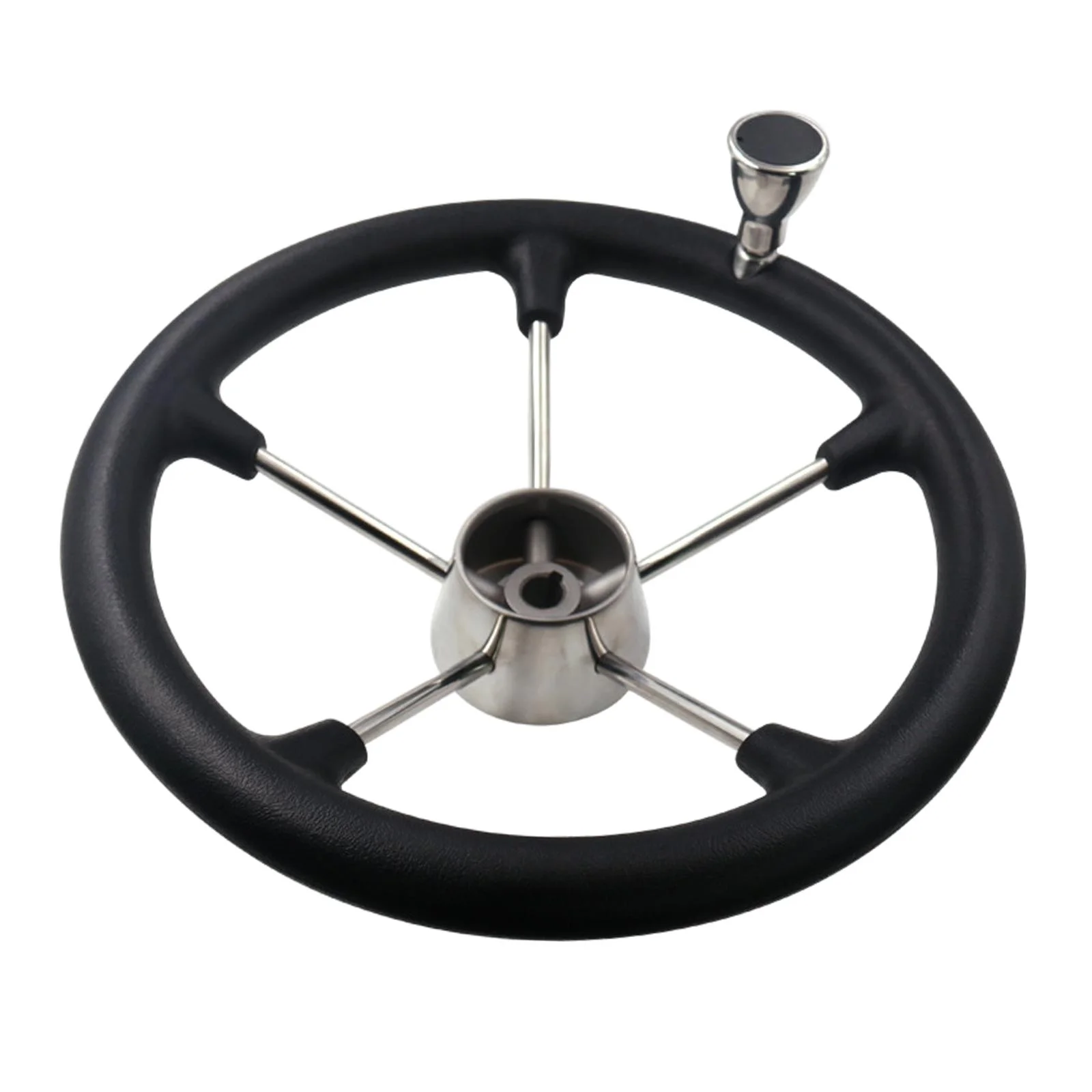 Stainless Steel Boat Steering Wheel 5 Spoke W/Turning Knob 13.98 Inches Dia. Black PU foam material grip 25 Degree to install, high performance