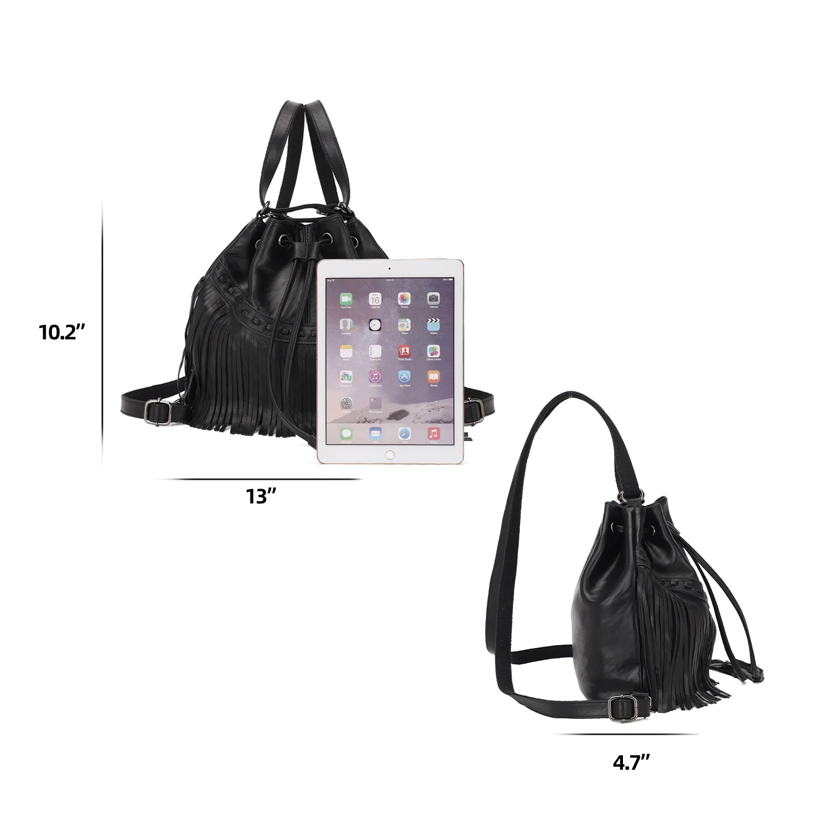 KL928 Women Backpack Purse Fringed Tassel Shoulder Bag with Drawstring Black