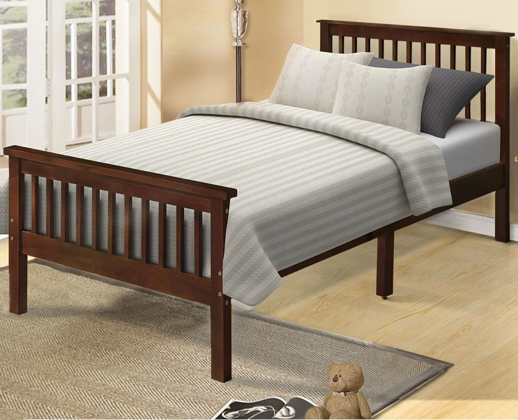 Wood Twin Bed Frame with Headboard/Footboard/Wood Slat Support/No Box Spring Needed Platform Bed Frame Mattress Foundation for Kids, Teens, Twin