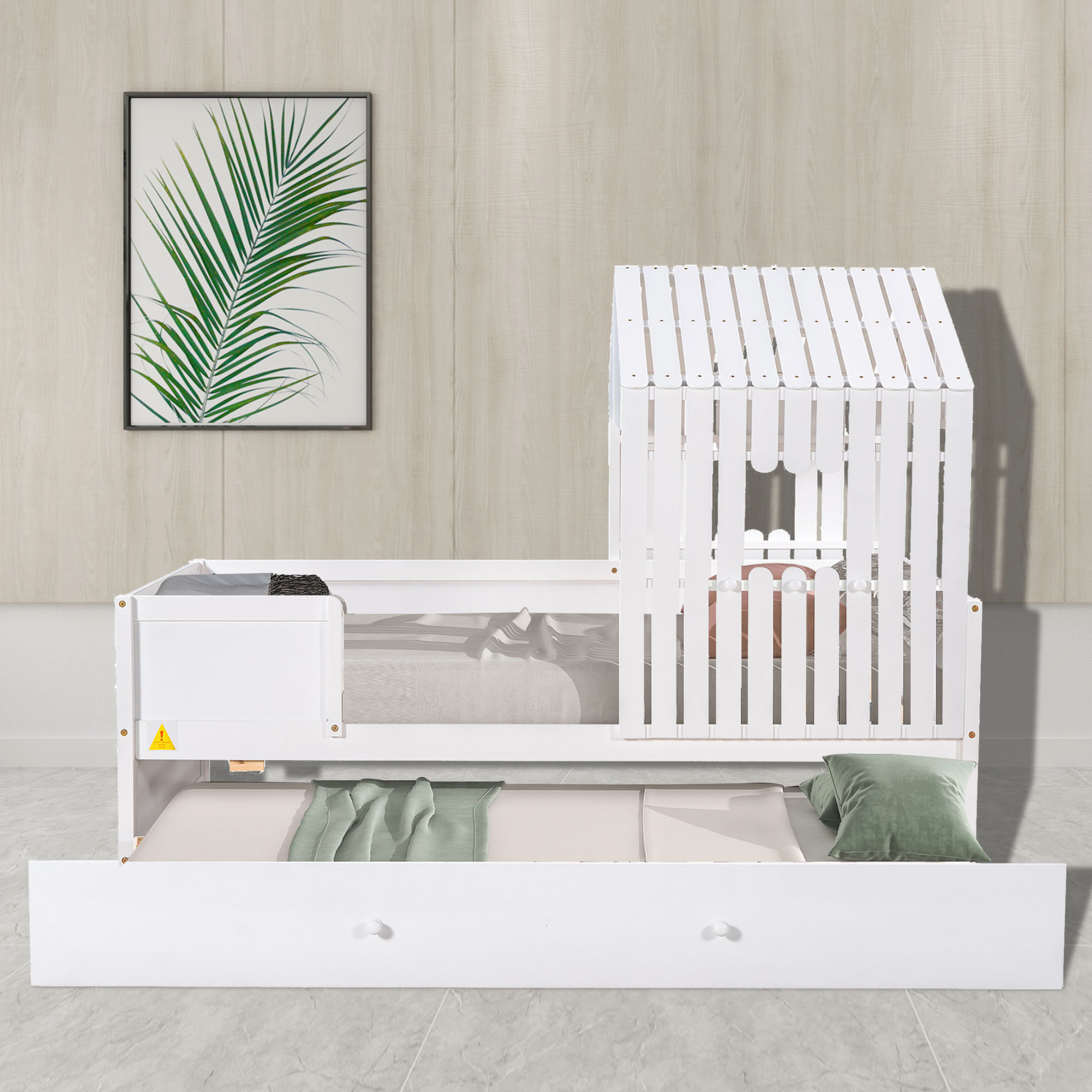 Double Low Loft Bed with Rollers, White, Size 77.9