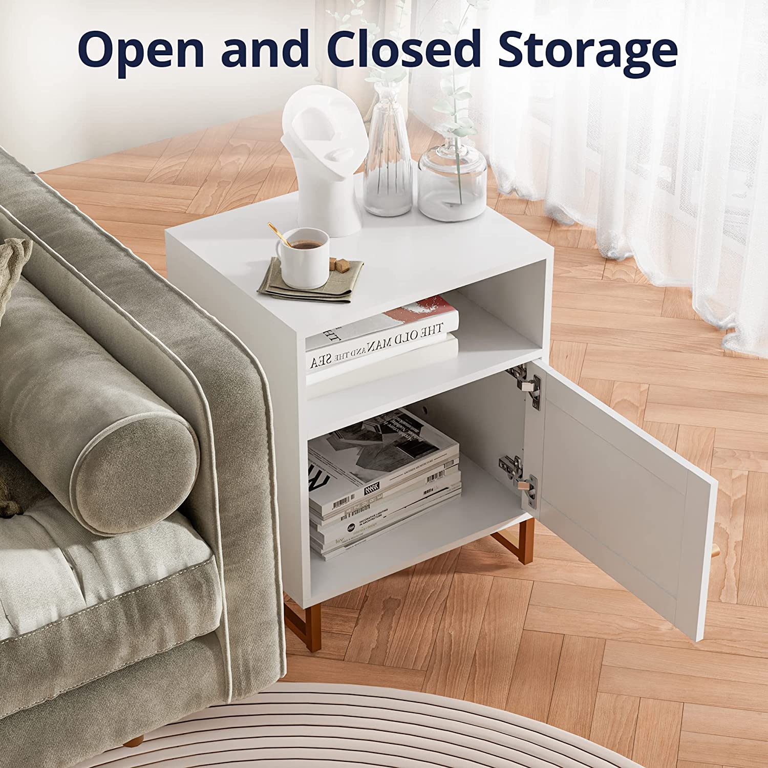 Cozy Castle Rattan Nightstand Set of 2, Nightstands with Door, End Table with Storage, Bed Side Table with Open Space, Modern Nightstand with Golden Frame, Side Table for Bedroom, Living Room, White