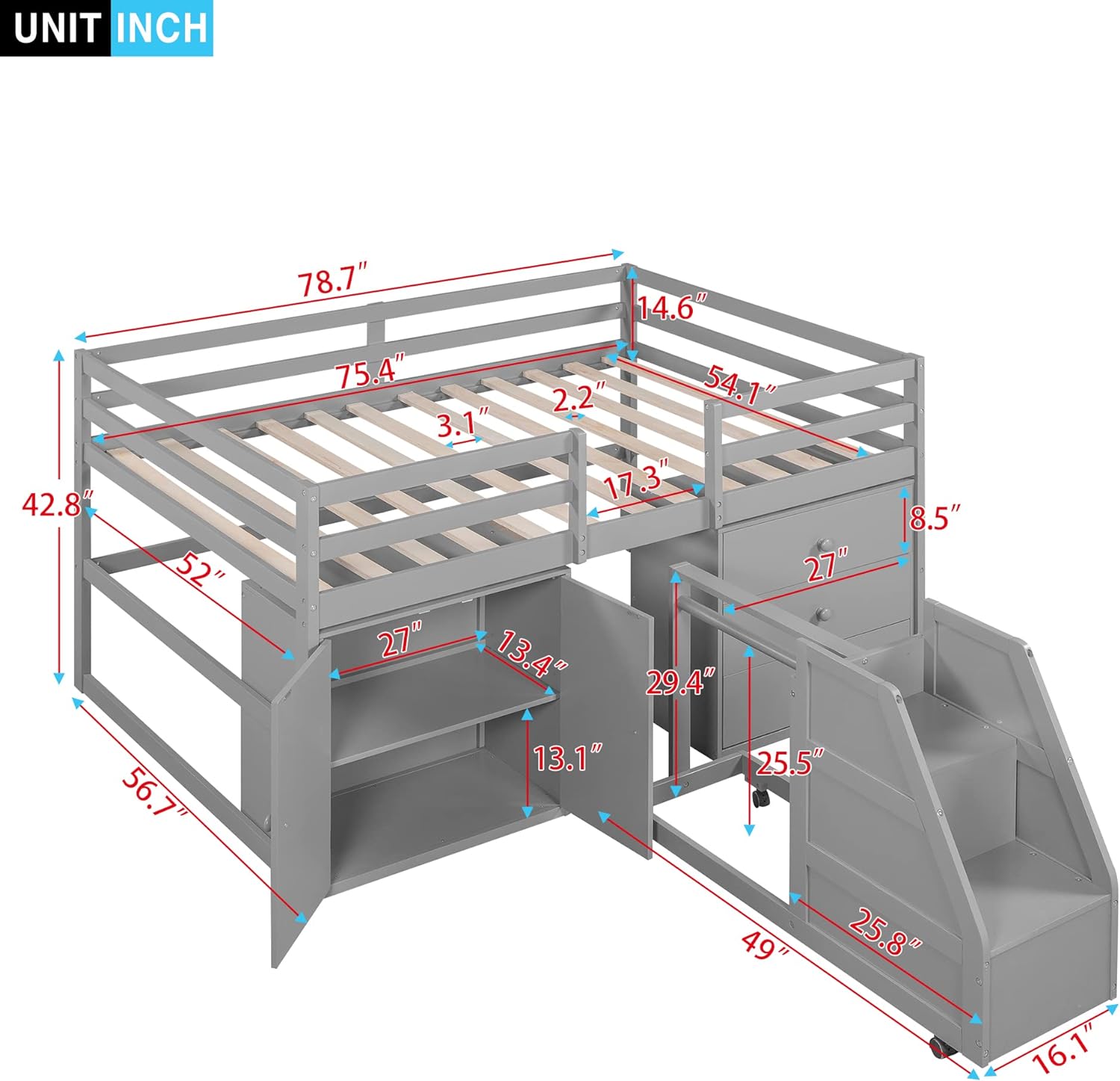 Full Size Lof Bed Wih Cabies Ad Drawers, Movable Saircase Wih Clohes Hagig Bar, Muli-Fucioal Solid Wood Bed Frame, Grey