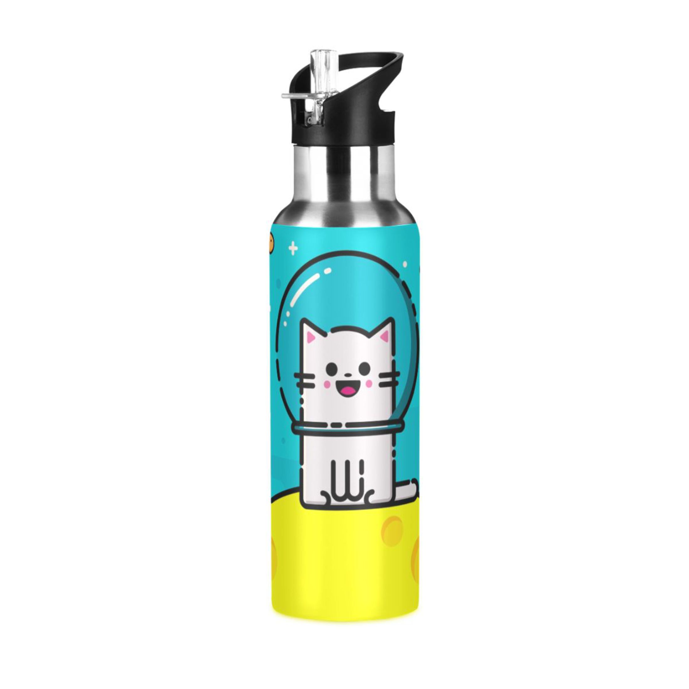 Water Bottle with Straw Lid Leak Cartoon Cat Stainless Steel Insulated Thermos Vacuum Flask for Cold Hot Drinking for Sports Camping Gym Yoga