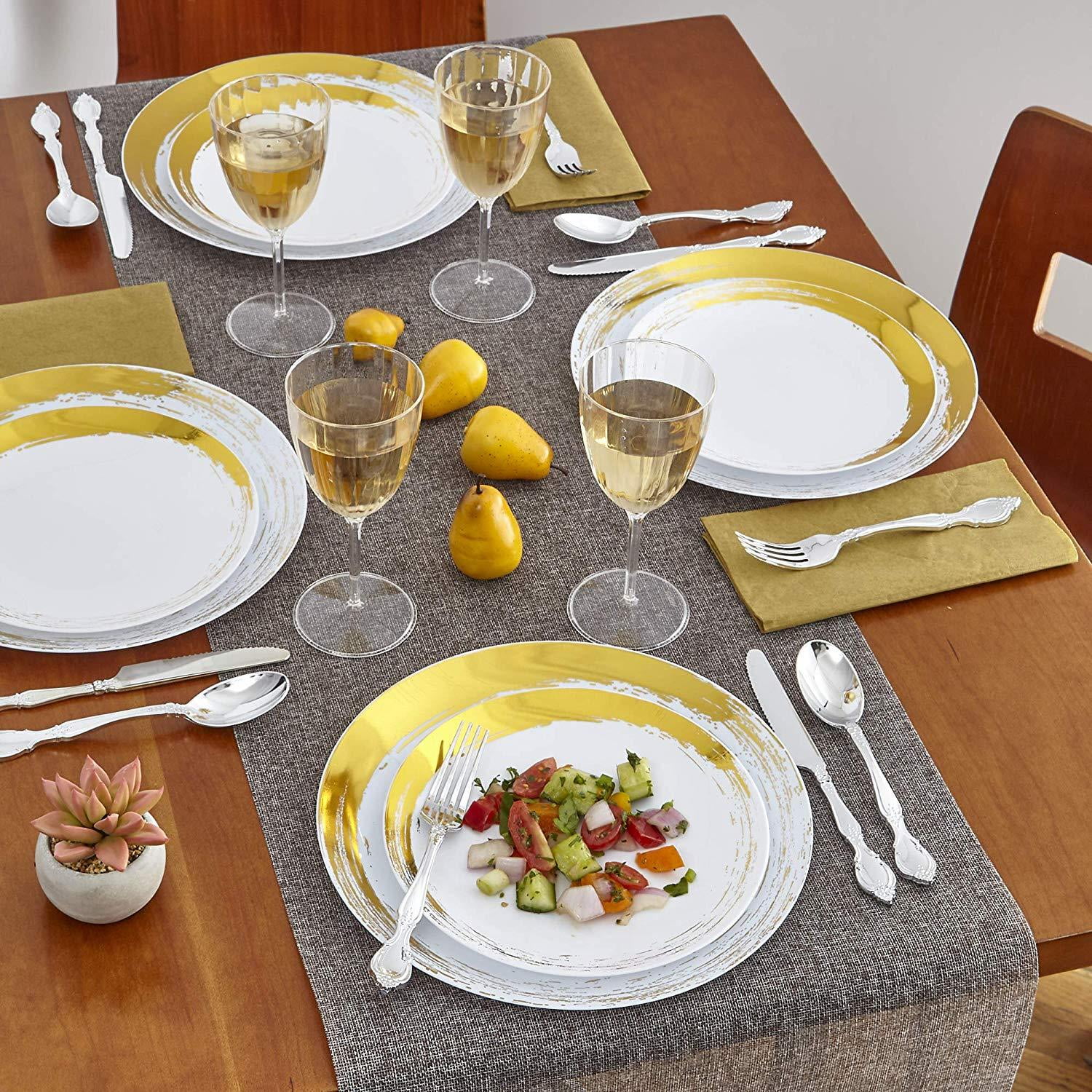DISPOSABLE DINNER PLATES | 20 pc | Heavy Duty Plastic Dishes | Elegant Fine China Look | Brushed – Gold 10.25”