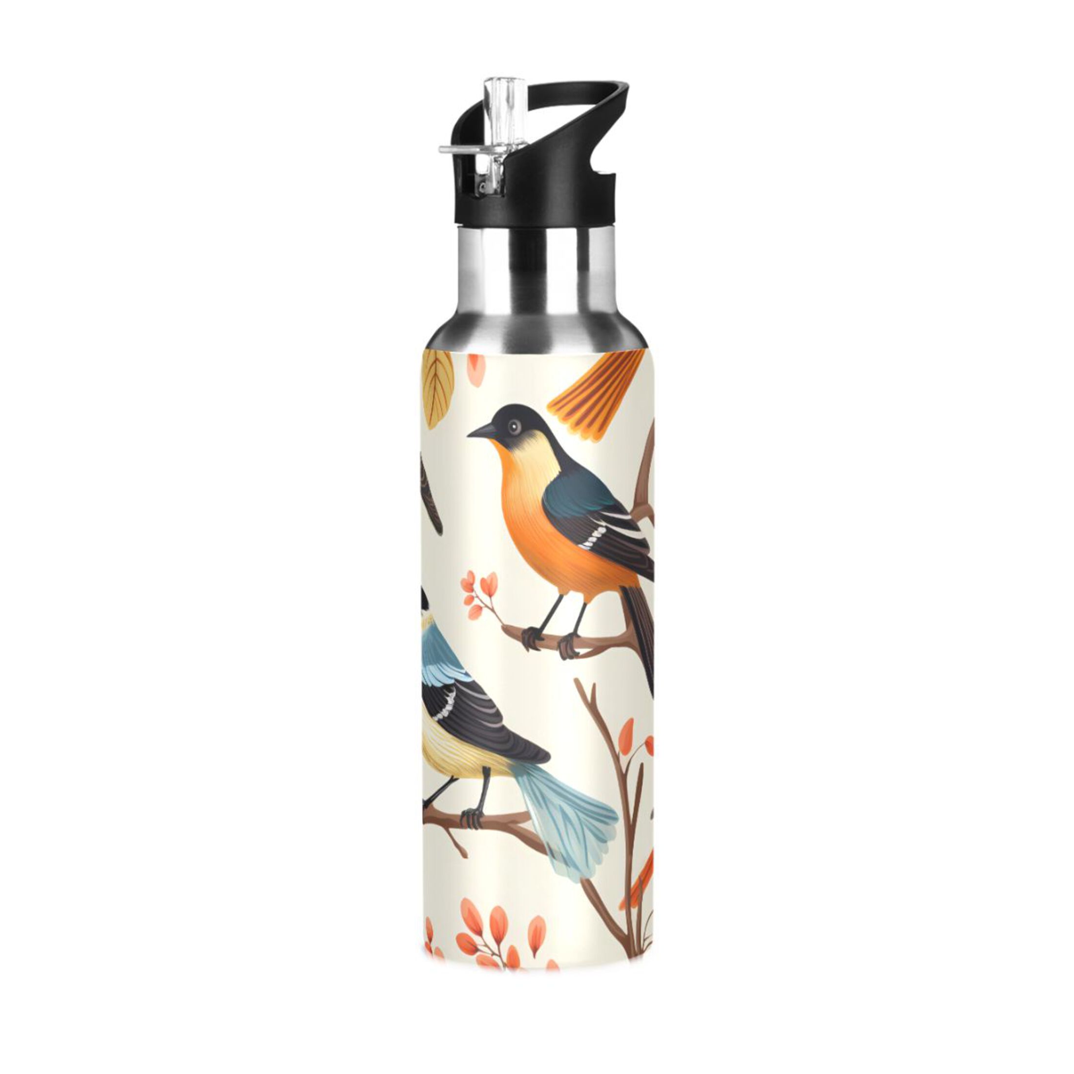 Different Cute Birds on Branch Water Bottles Insulated Thermos Kids Stainless Steel Bottle with Straw Lid Flask Leakproof for Sports Gym 20 oz