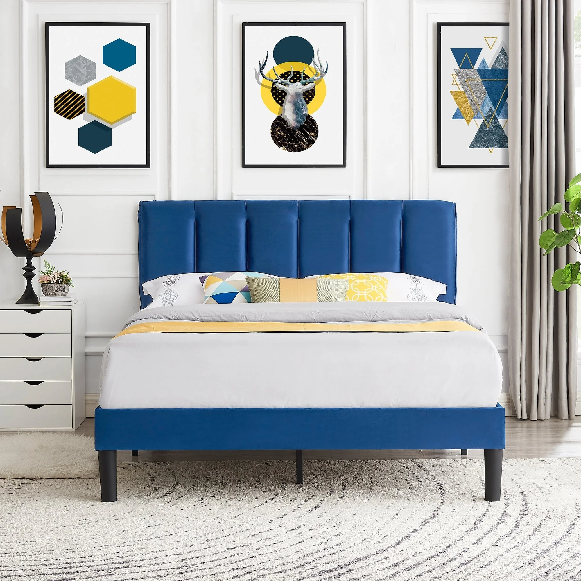 Javlergo Tufted Upholstered Bed Frame with Adjustable Height Headboard Blue - Queen