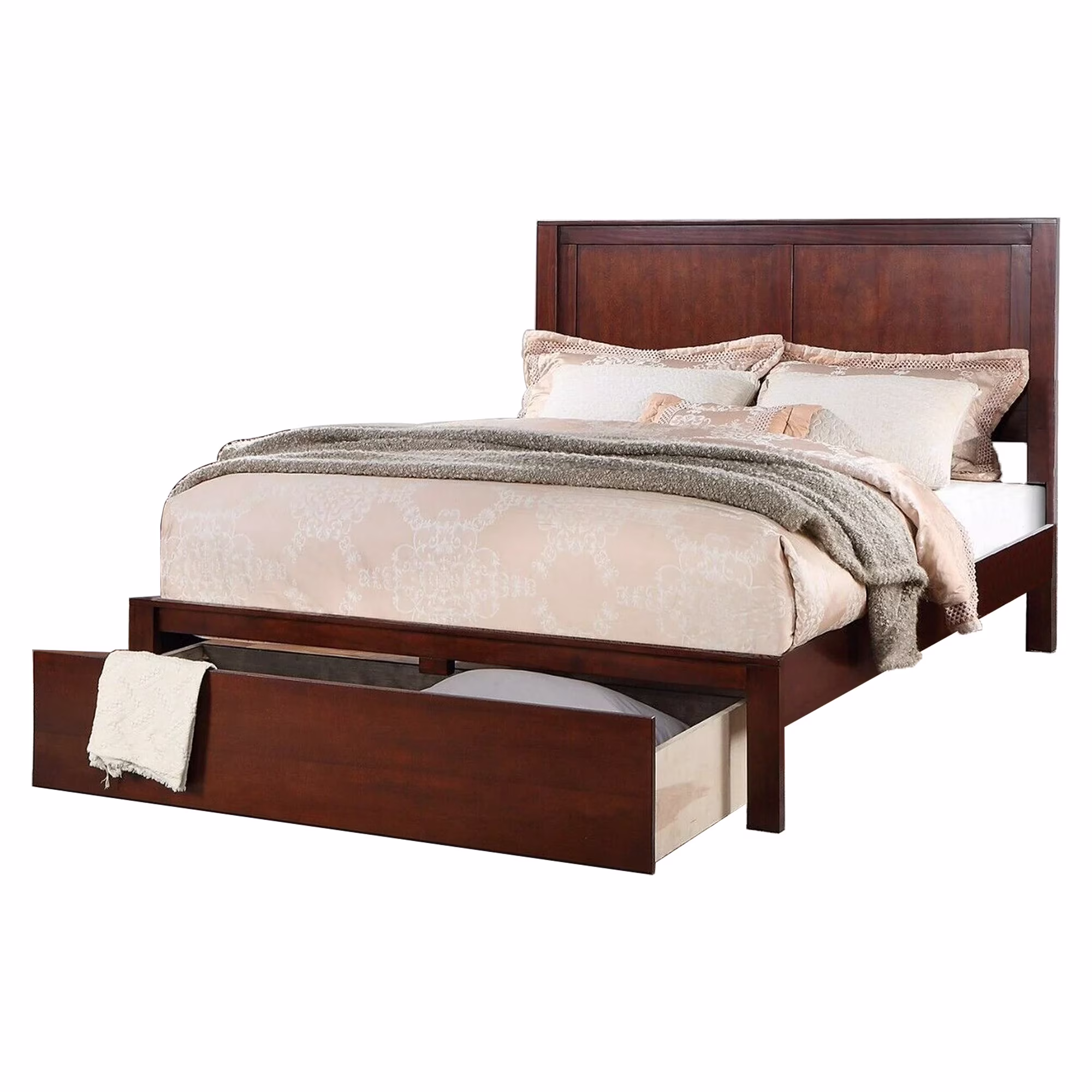 Benjara Kali Platform King Size Bed, Panel Design, 1 Storage Drawer, Cherry Brown