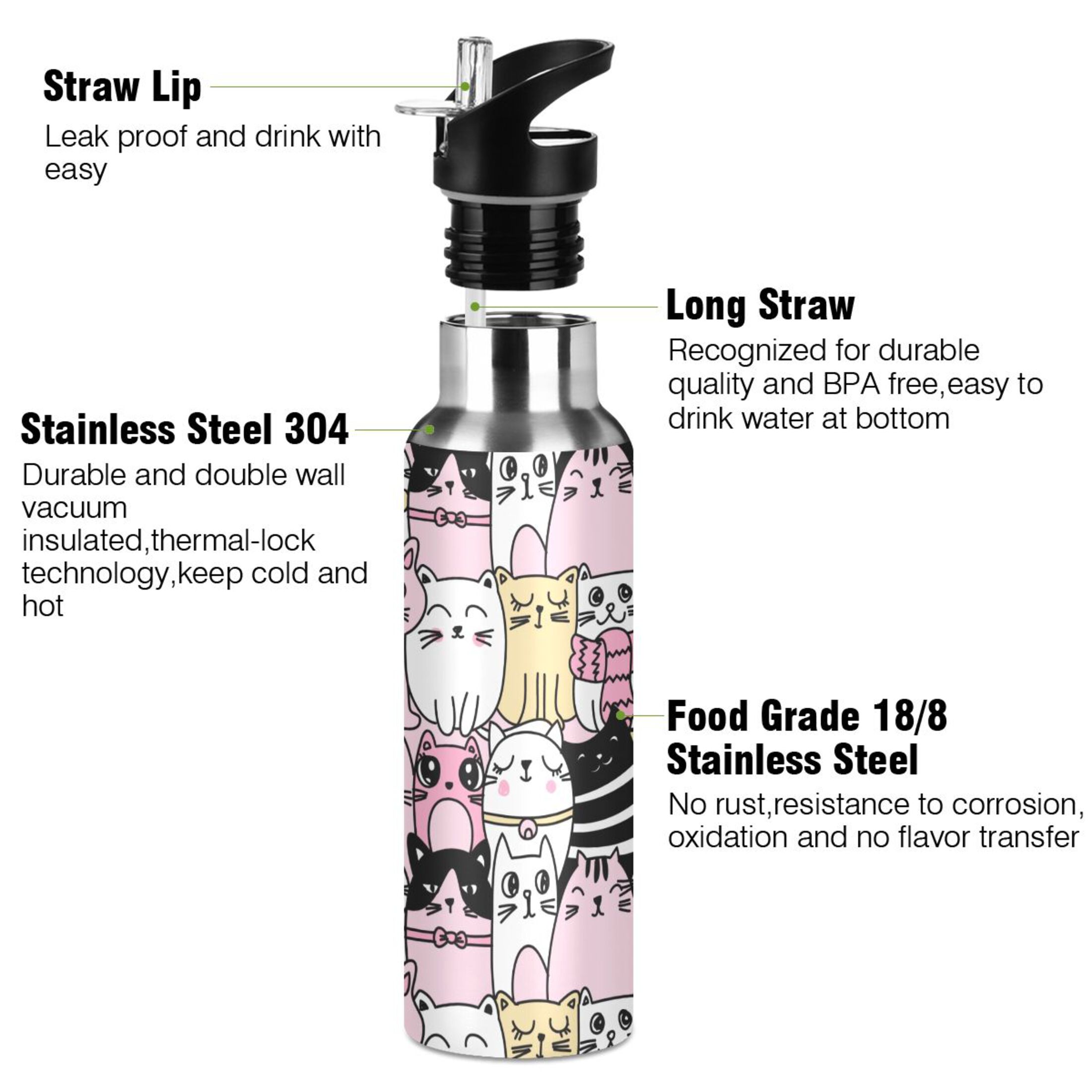 Water Bottle with Straw Lid Leak Cute Pattern Stainless Steel Insulated Thermos Vacuum Flask for Cold Hot Drinking for Sports Camping Gym Yoga