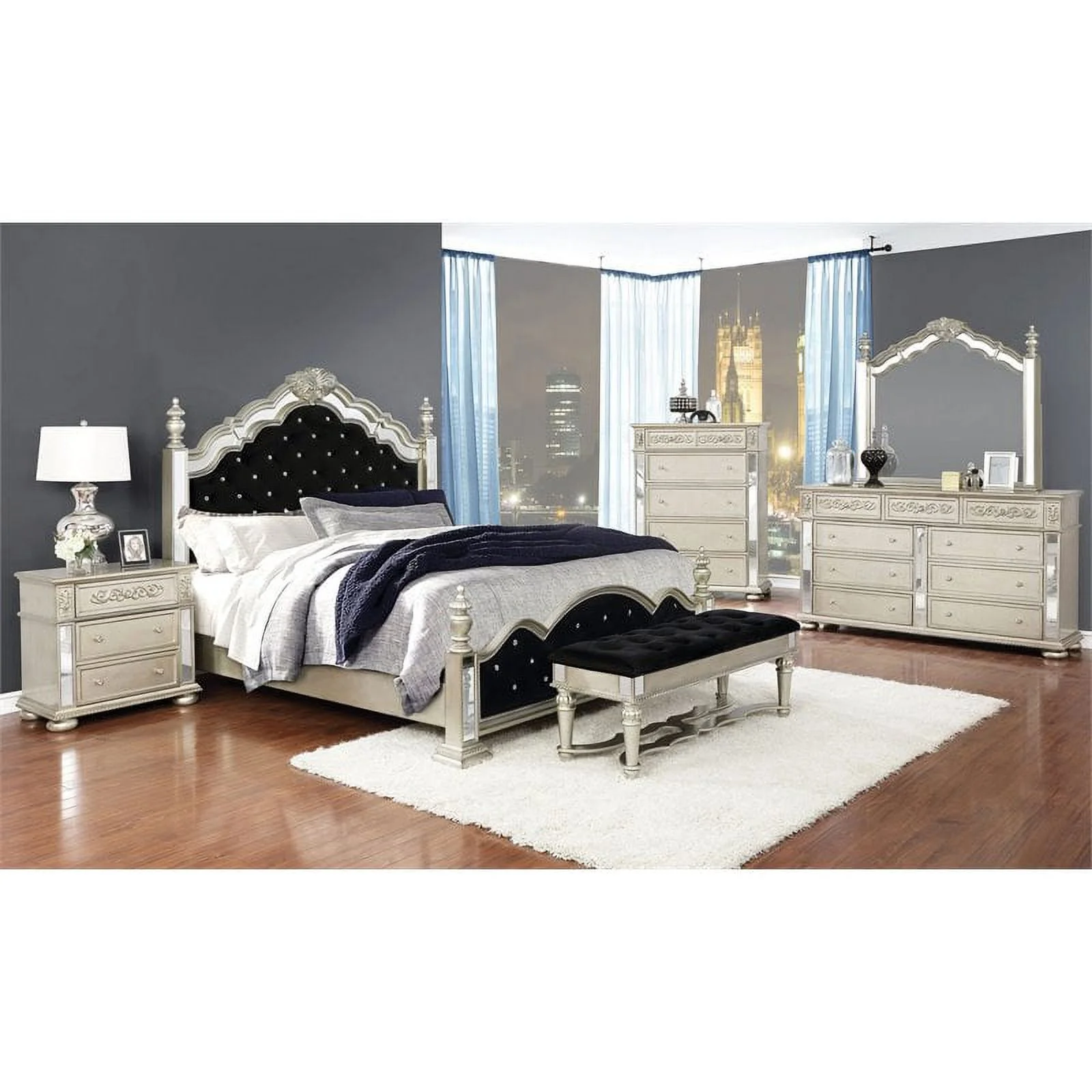 Heidi 4-piece Eastern King Tufted Upholstered Bedroom Set Metallic Platinum