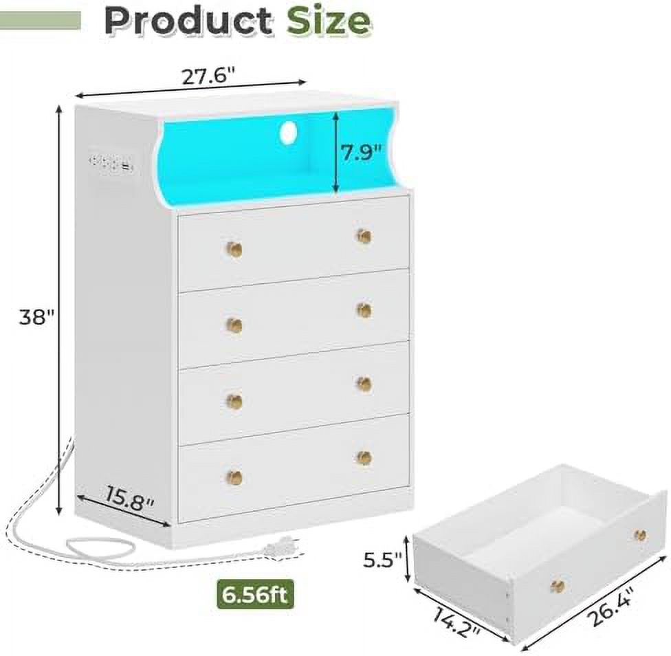 KHBIULIFE White Dresser with Charging Station  LED Dresser with 4 Large Drawers  Chest of Drawers with Open Space  Large Capacity Tall  Cabinet  White Dresser for Bedroom