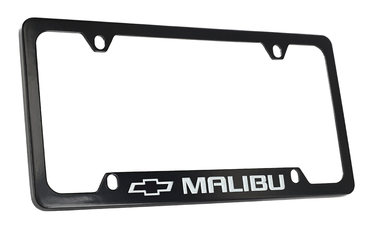 Chevrolet Malibu wordmark black coated metal license plate frame holder