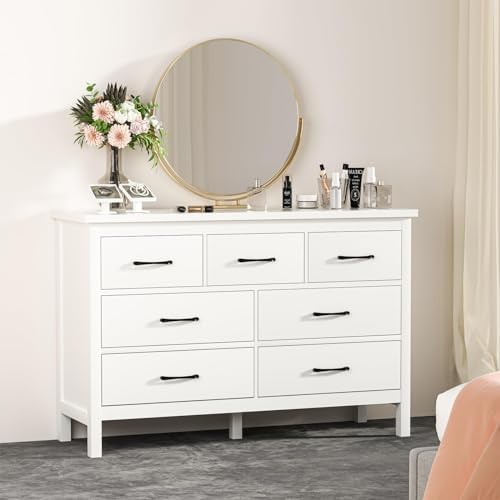 RUNFAYBIU White Dresser for Bedroom  Wood 7 Drawer Dresser with Black Metal Handles   Dresser for Bedroom  Hallway   Room  White